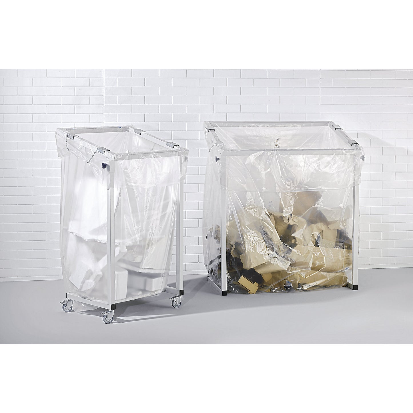 Large-capacity waste sack holder, for capacity 1000 l, mobile, made of square tubing.
