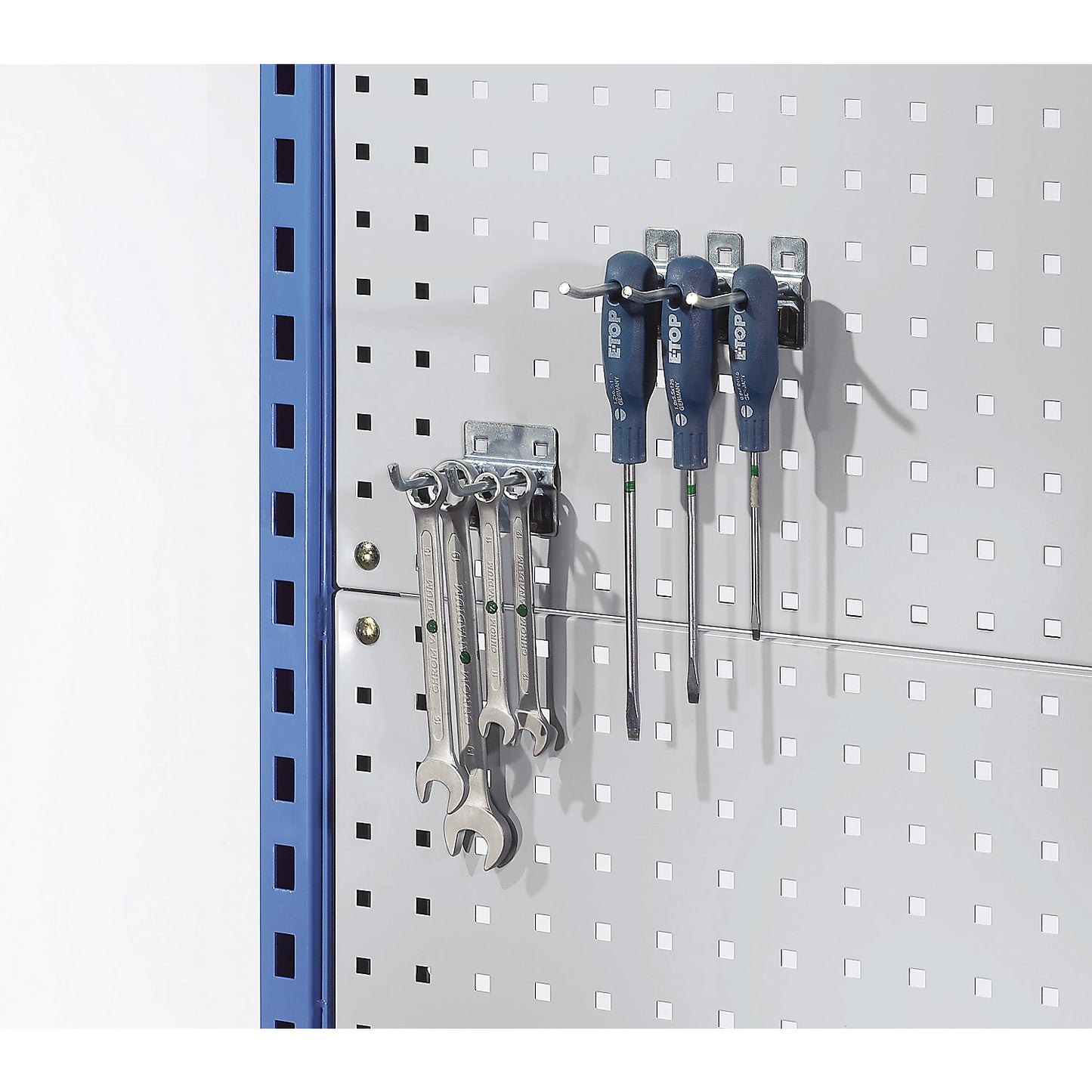 Perforated panel add-on for assembly trolley, with 2 perforated panels in white aluminium, LxW 1086 x 960 mm.