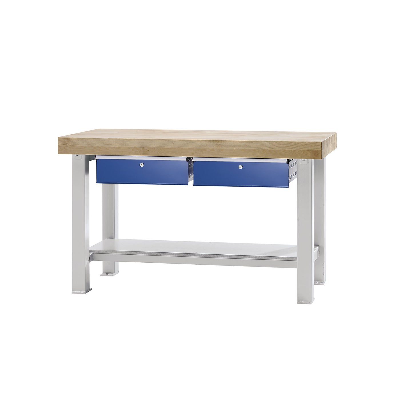 Heavy duty workbench, worktop width 1500 mm, with 2 drawers, worktop thickness 100 mm.