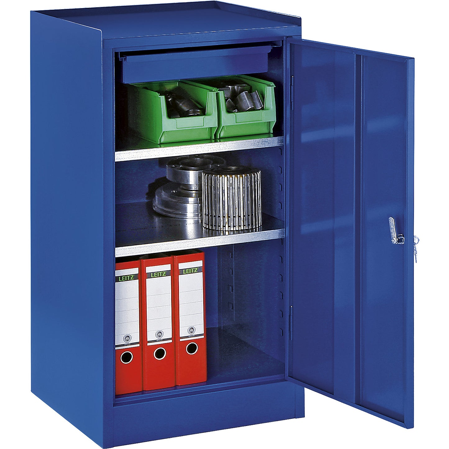 Tool cupboard, with 1 drawer, 2 shelves, height adjustment grid 25 mm, gentian blue RAL 5010.