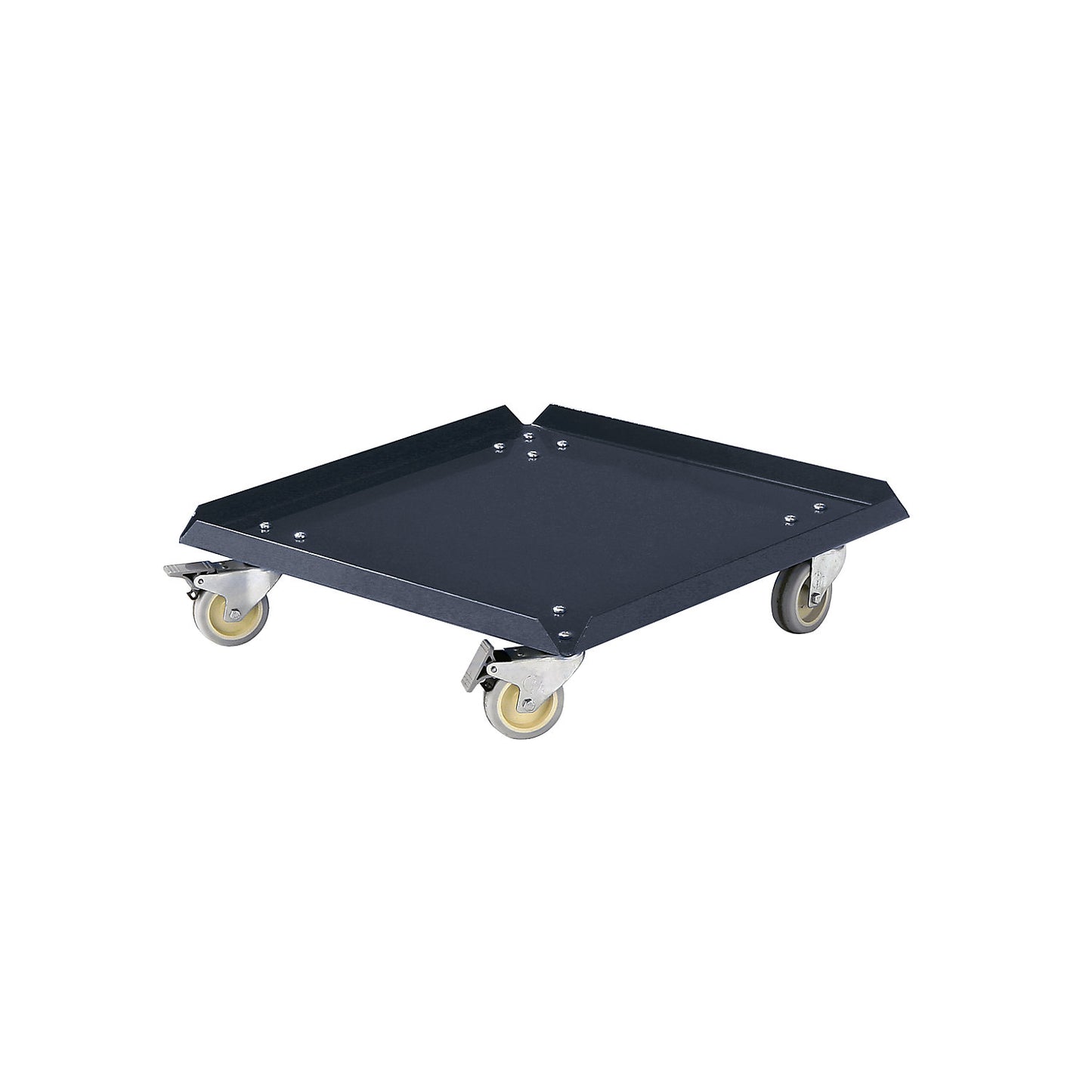 Wheeled base made of sheet steel, grey, 4 swivel castors, 2 with wheel stops.