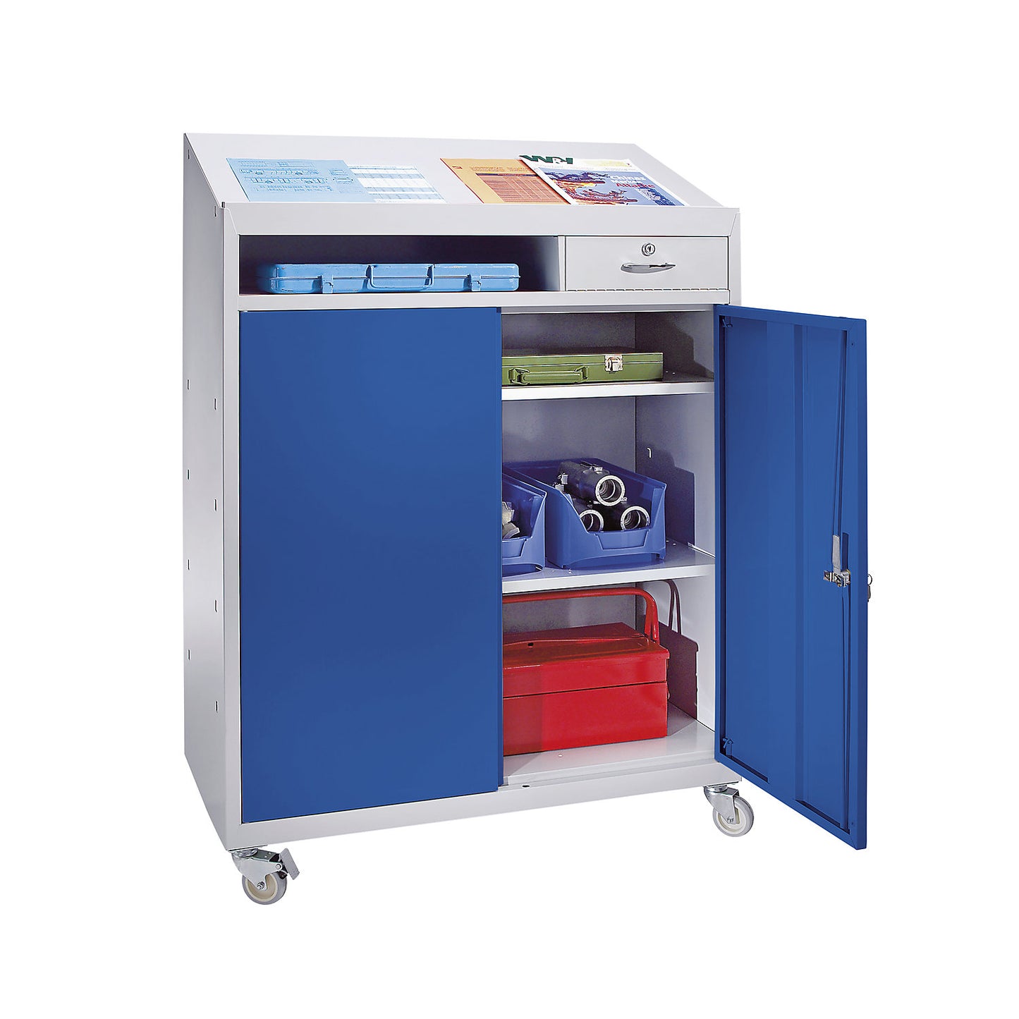 Document control station, HxWxD 1220x915x457 mm, light grey / gentian blue.