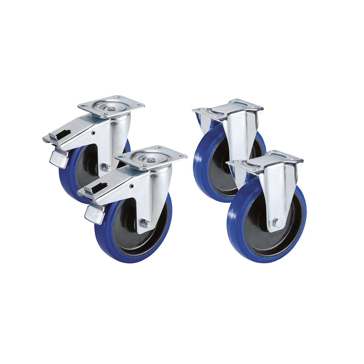 Set of full-elastic tyres on plastic rims, 2 swivel castors with double stops, 2 fixed castors, wheel Ø x width 125 x 36 mm.