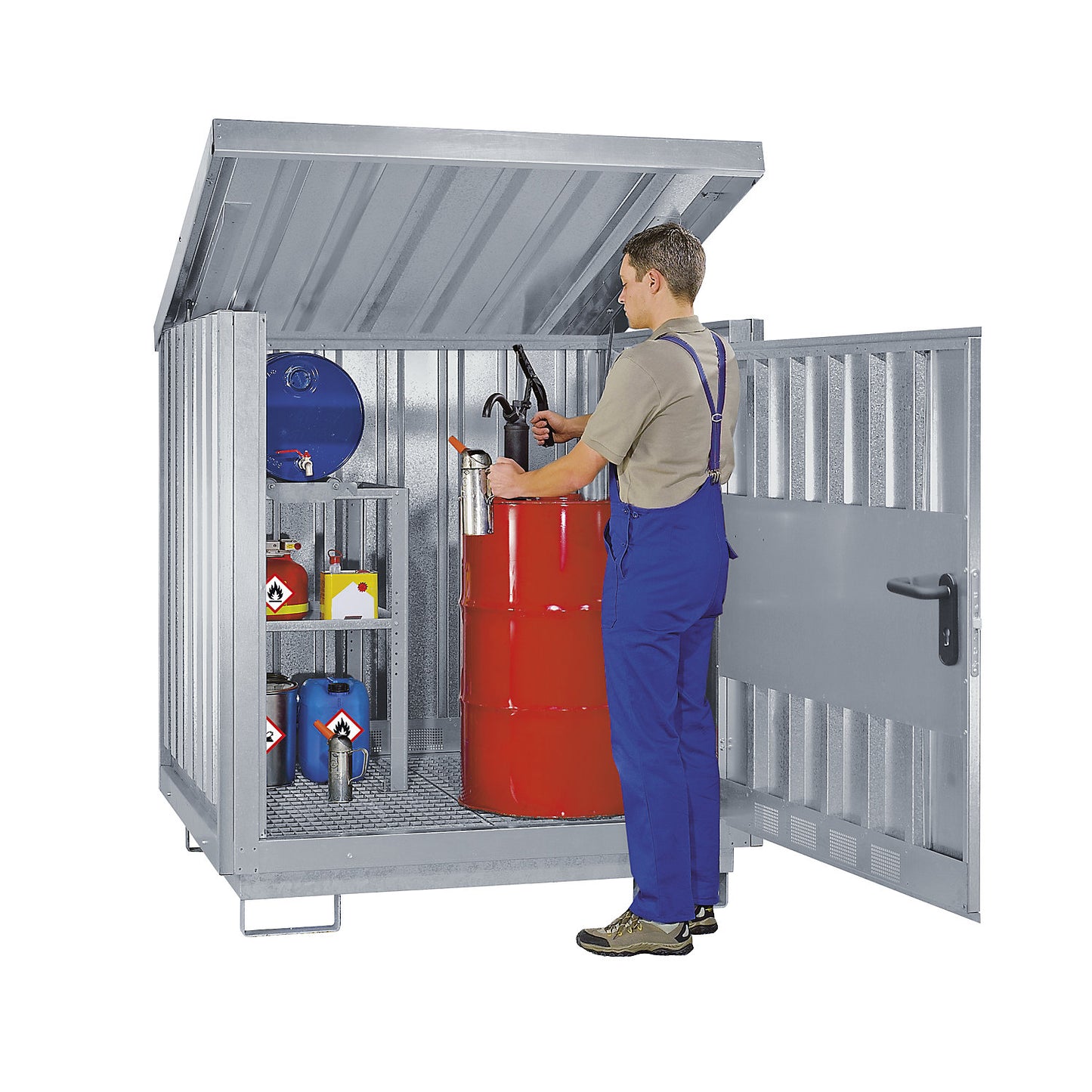 Steel hazardous goods storage depot, for 2 x 200 l drums, zinc plated.