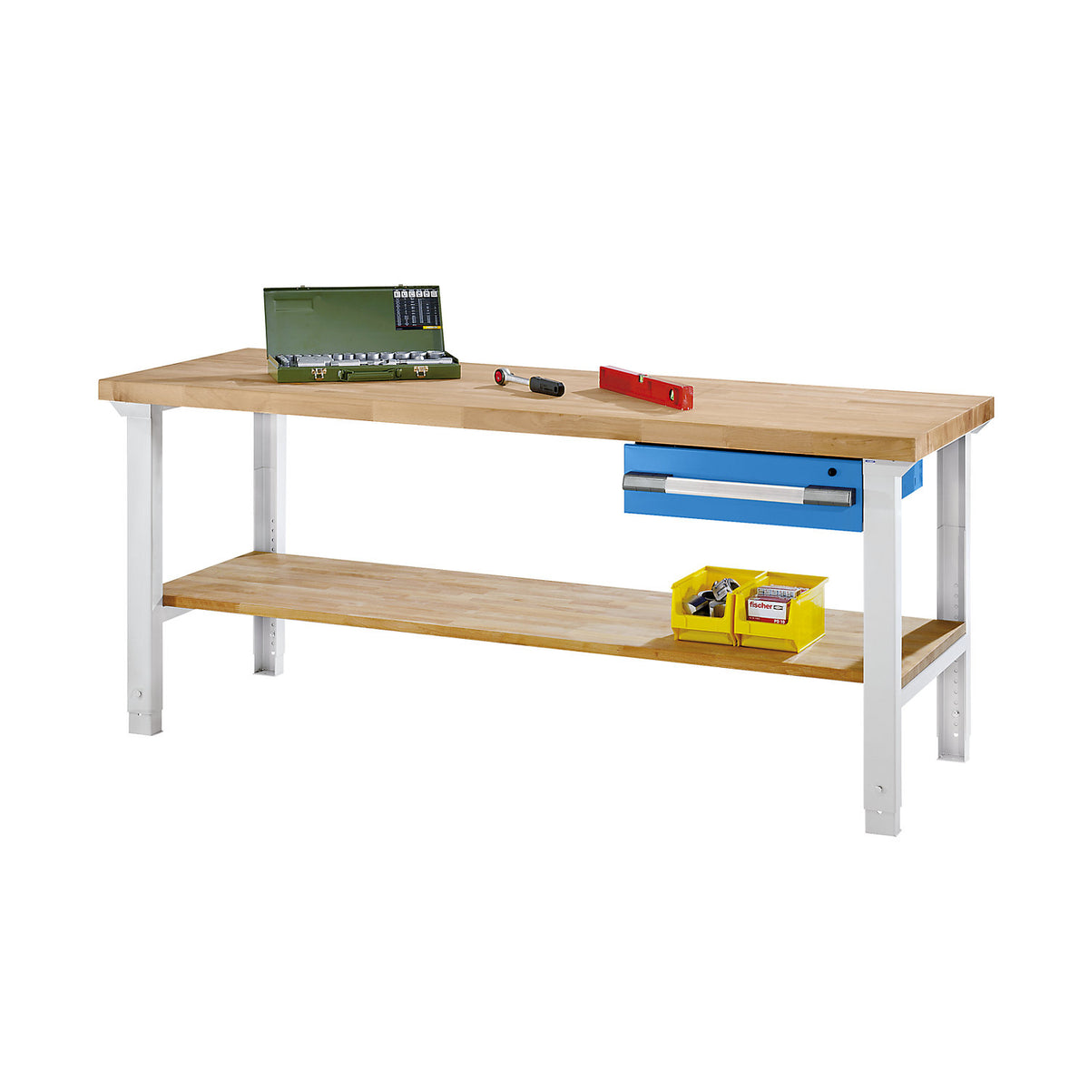 Workbench with suspended drawers, modular system series 7000, 1 single drawer, 1 shelf, 2 feet, WxD 2000 x 700 mm.