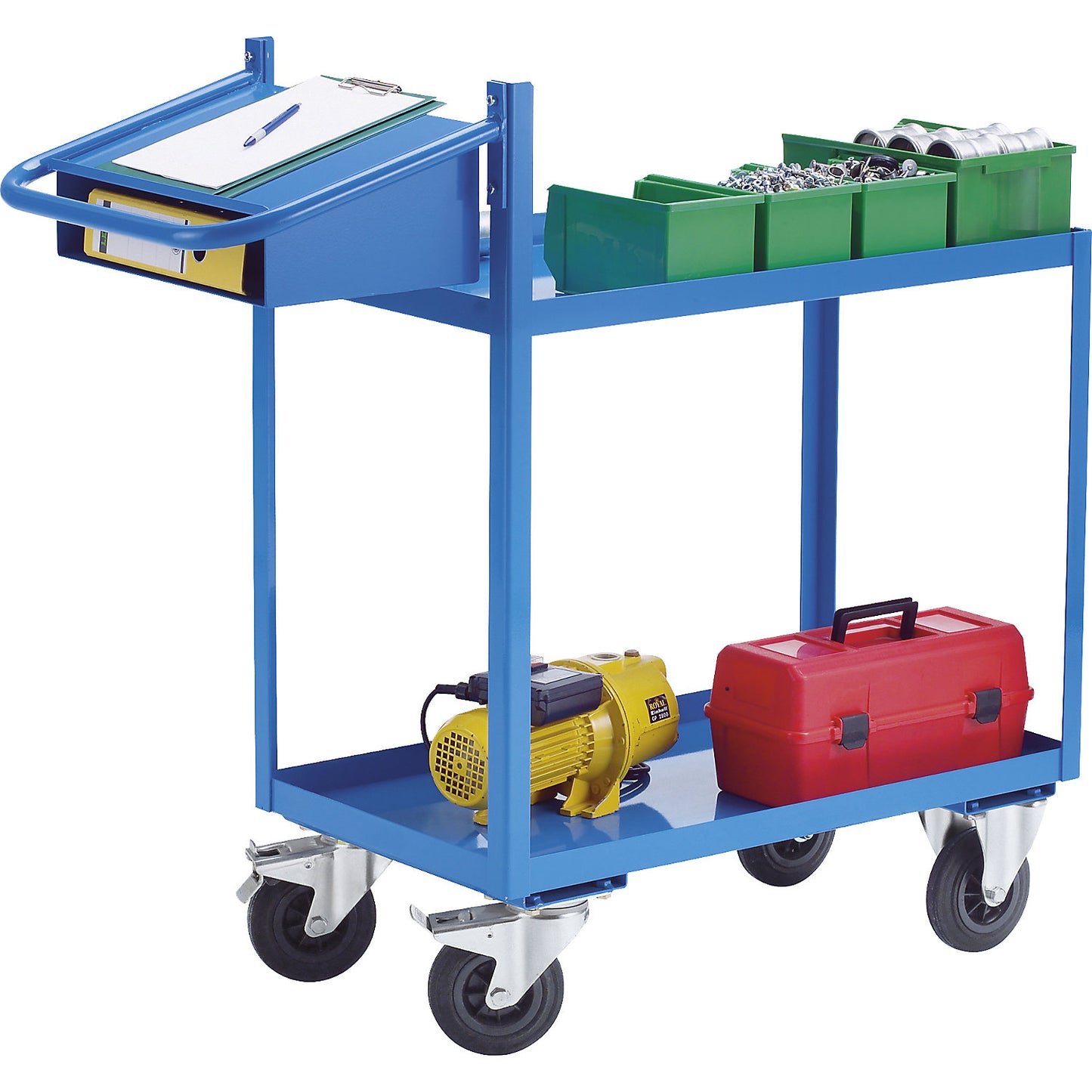General purpose trolley, with tray shelves, clipboard and storage compartment, platform LxW 900 x 500 mm, 2 shelves.