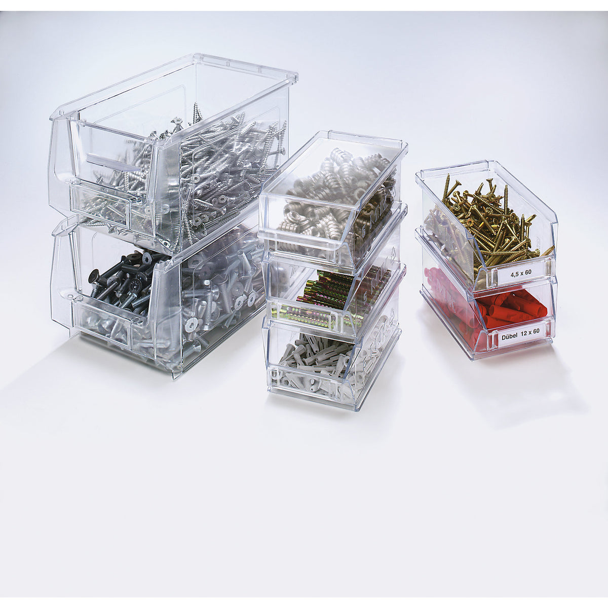 Open fronted storage bins made of SAN, crystal clear, pack of 25, LxWxH 230 x 150 x 130 mm.
