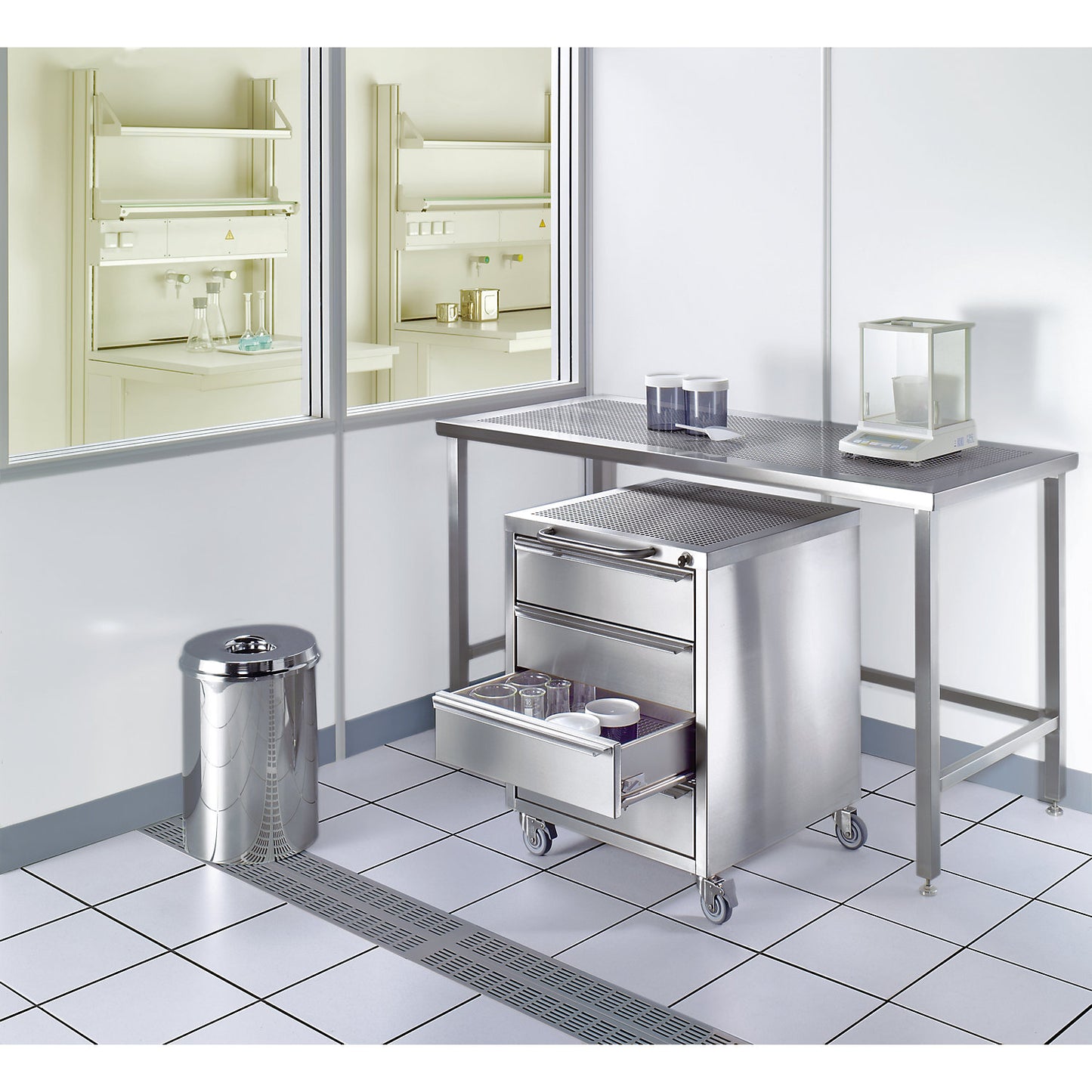 Cleanroom mobile cupboard, made of stainless steel, HxWxD 810 x 600 x 600 mm.