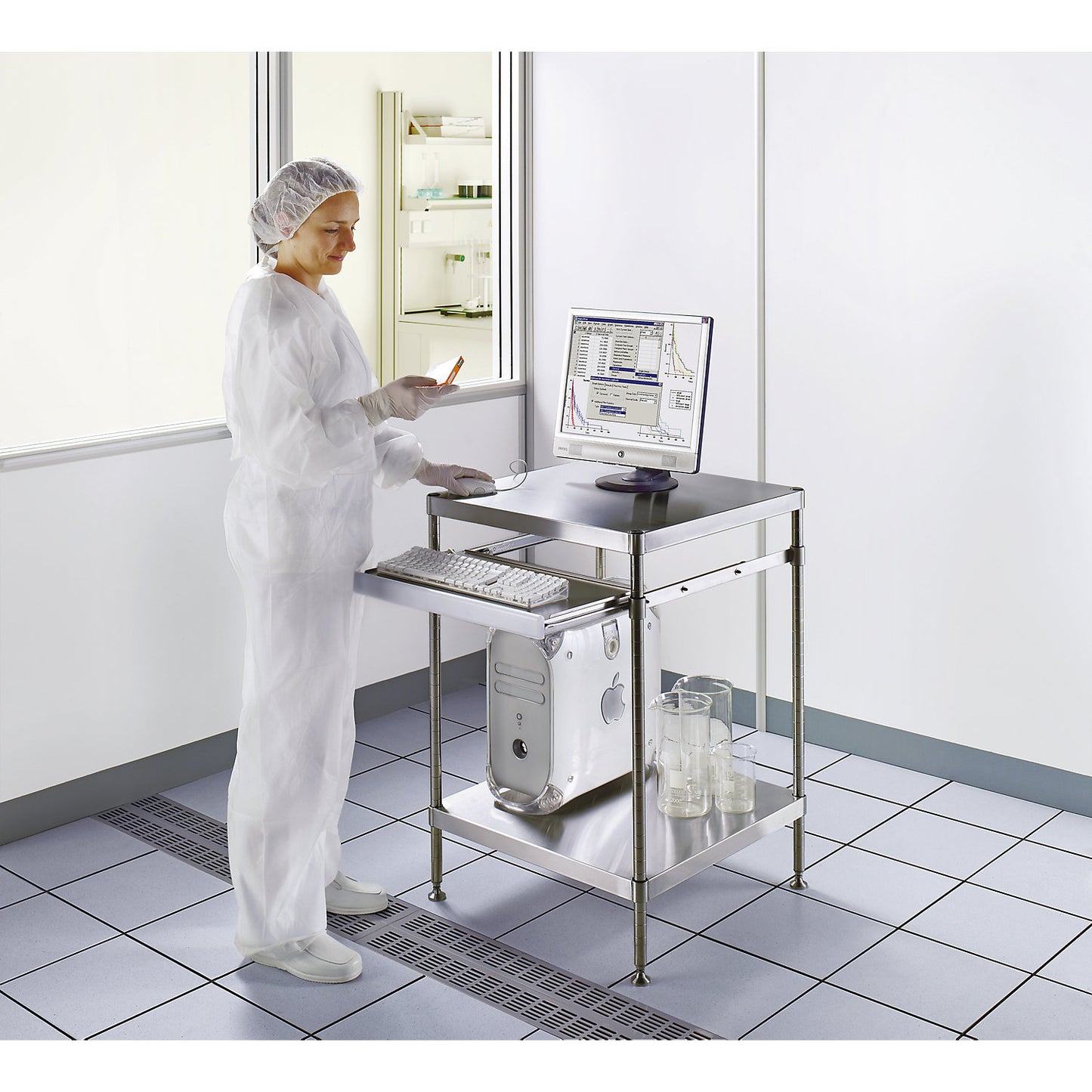 Cleanroom PC work table, made of stainless steel, shelf and pull-out keyboard shelf, HxWxD 870 x 610 x 610 mm.