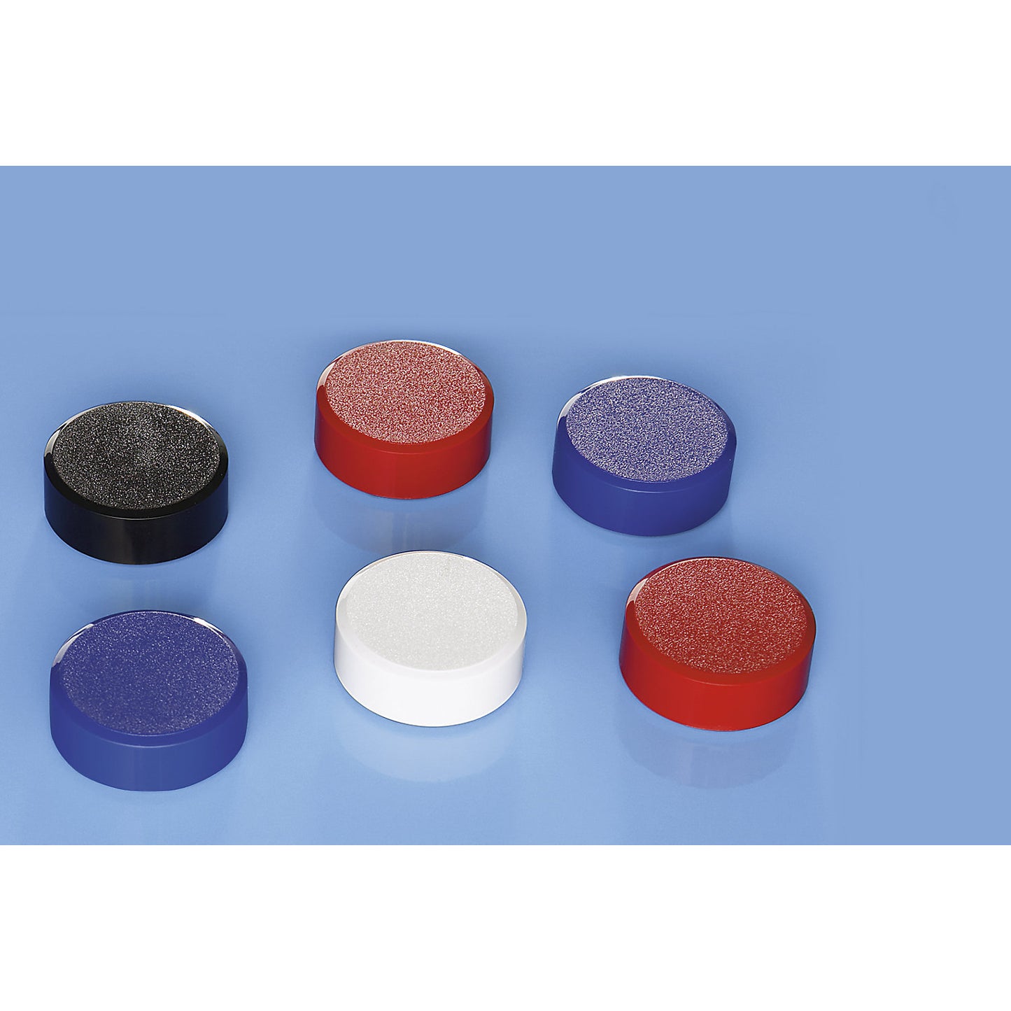 High power magnets, pack of 60, Ø 34 mm, holds 2 kg, assorted colours, white, red, blue, black.