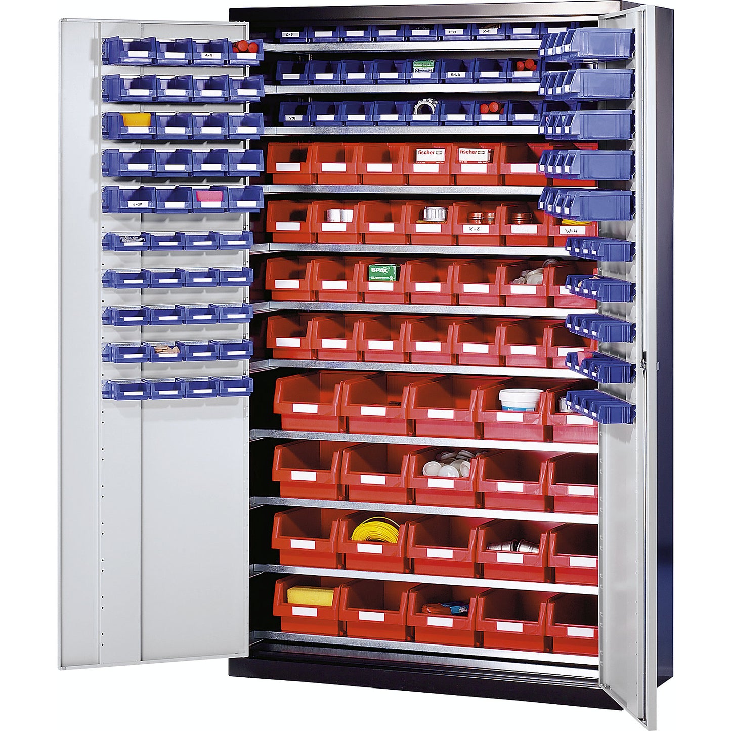 Large cupboard made of sheet steel, with 10 shelves, 165 open fronted storage bins, body in light grey, doors in gentian blue.