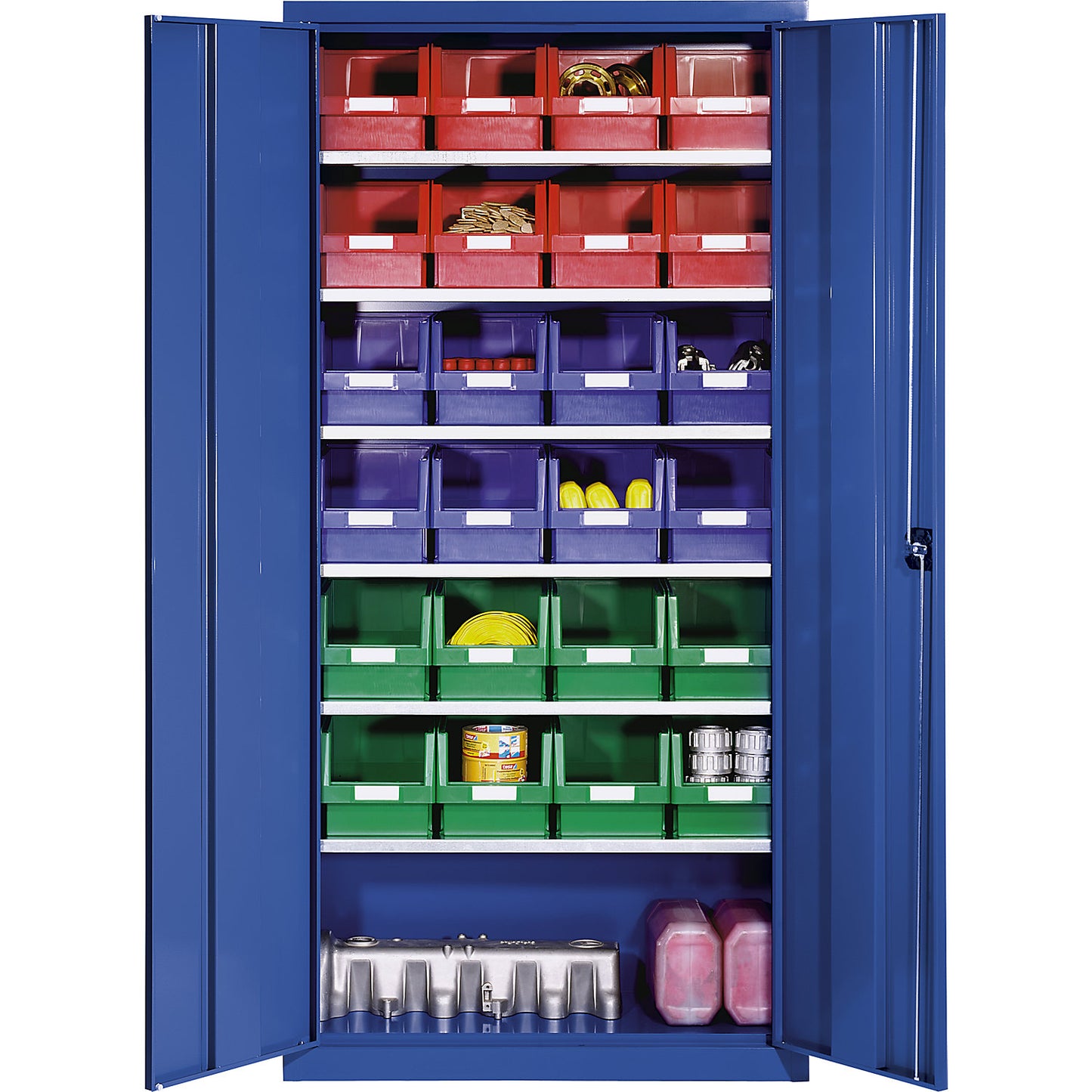 Storage cupboard made of sheet steel, with 24 open fronted storage bins, gentian blue RAL 5010.