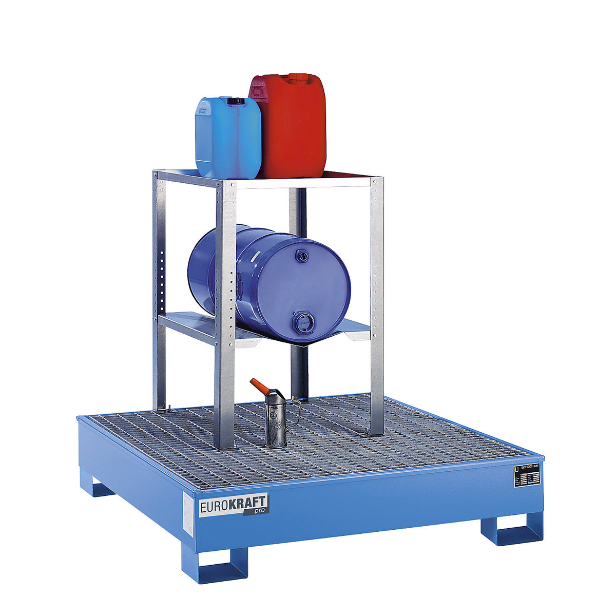 Drum and small container rack, with 1 drum support 60 l and 1 shelf, HxWxD 900 x 698 x 608 mm.