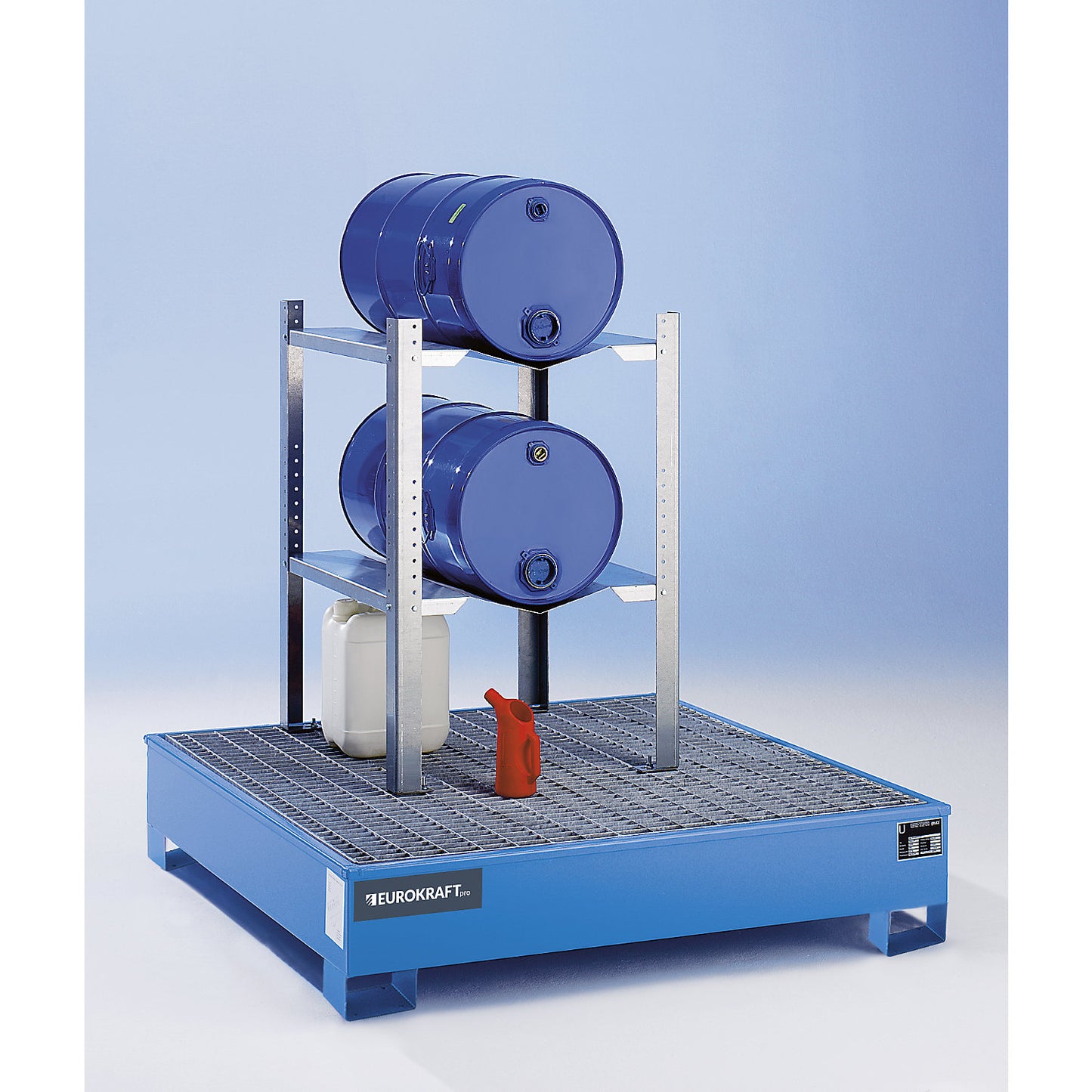 Drum and small container rack, with 2 drum supports for 60 l, HxWxD 900 x 698 x 608 mm.