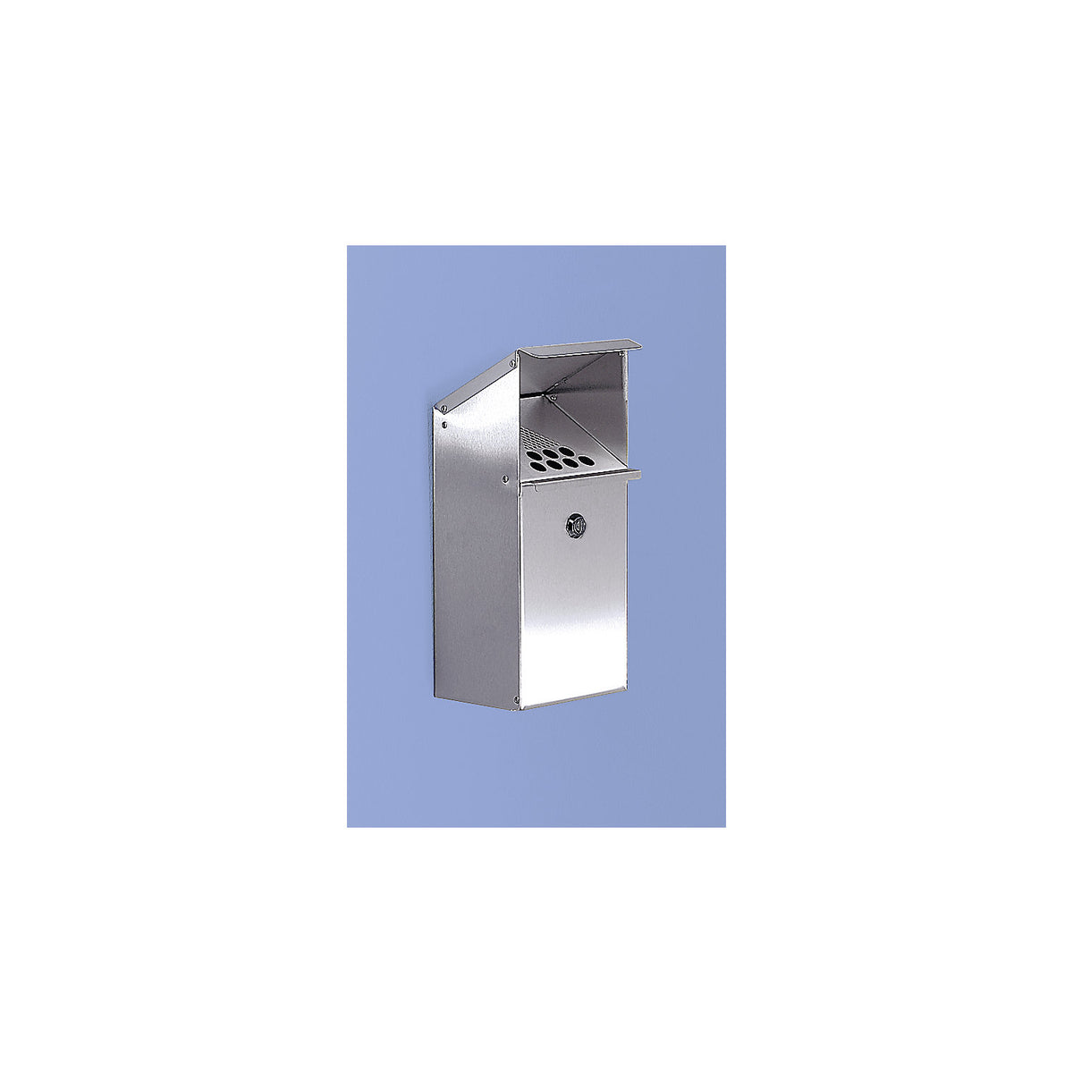 Wall ashtray made of stainless steel, capacity 3.7 l, lockable, HxWxD 410 x 180 x 150 mm.