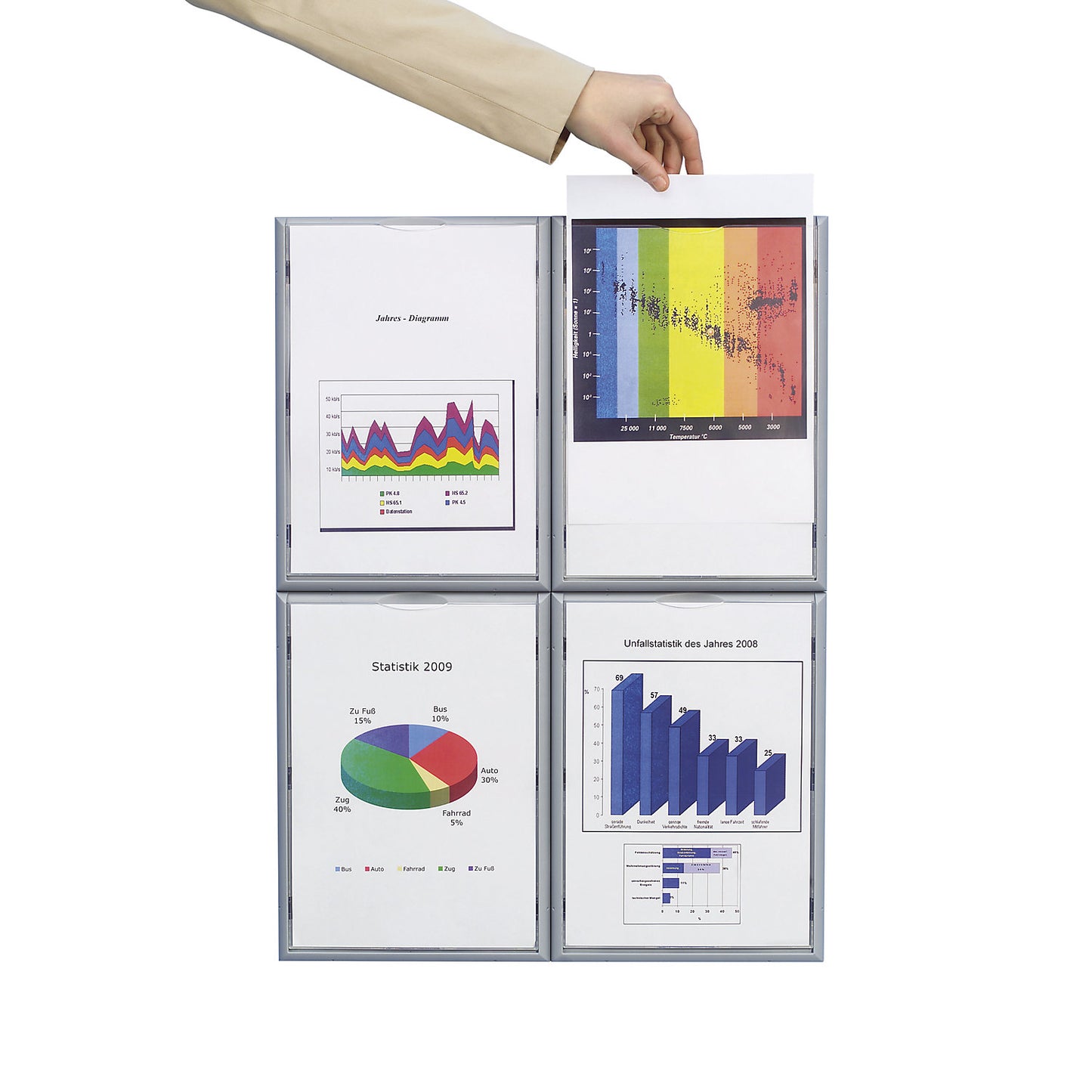 Notice board, polystyrene frame, aluminium colour, HxWxD 322 x 237 x 23 mm, A4, pack of 4.