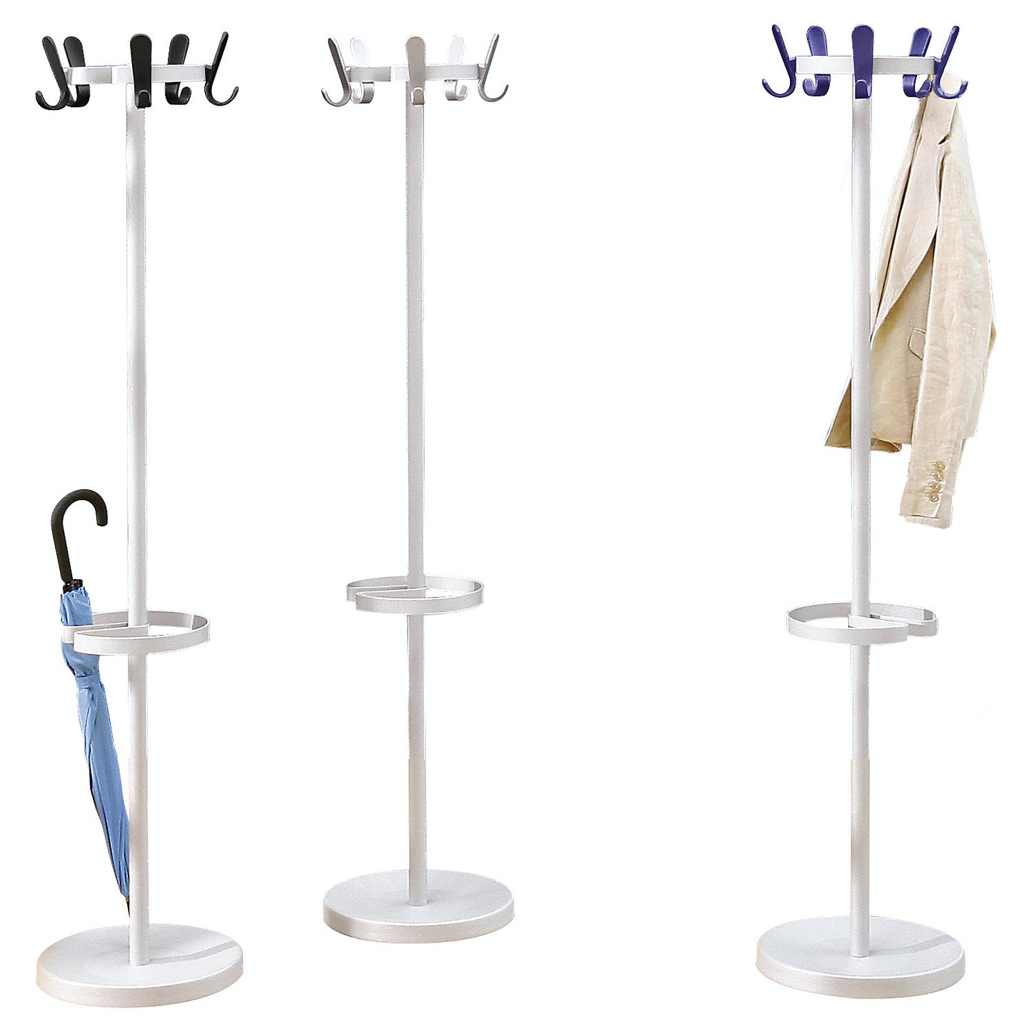 Coat stand with 5 hooks, height 1680 mm, Ø 350 mm, hook colour silver.