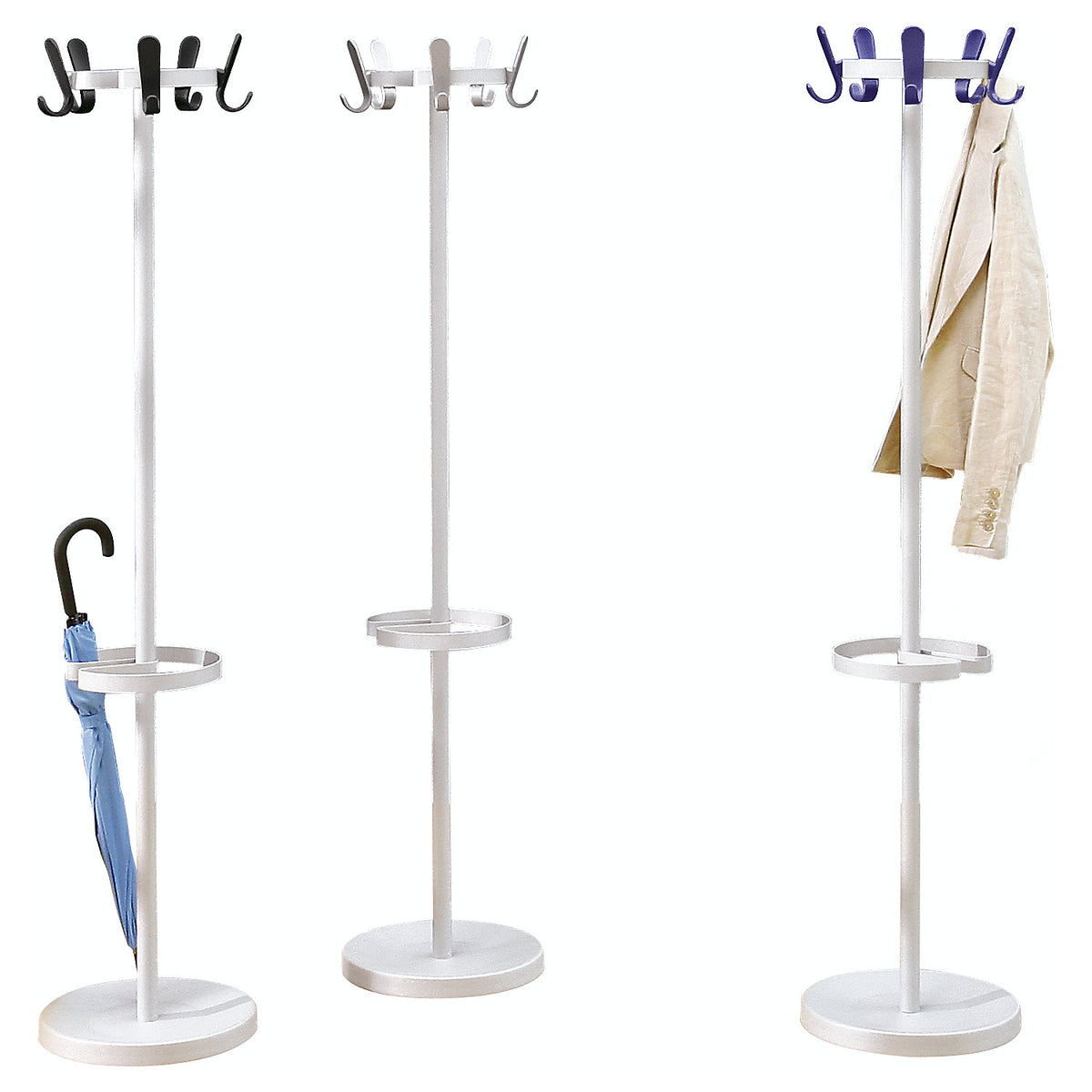 Coat stand with 5 hooks, height 1680 mm, Ø 350 mm, hook colour silver.