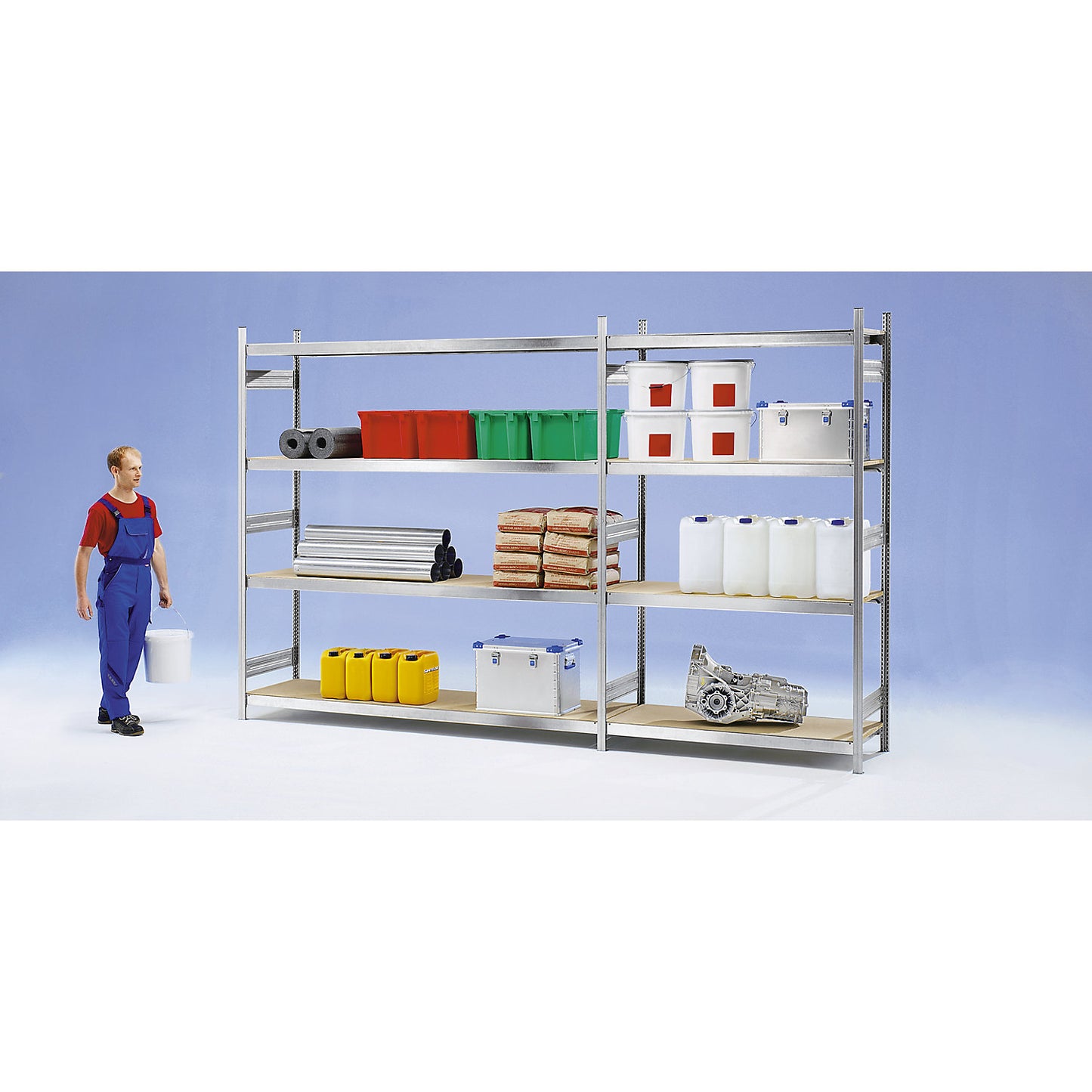 Wide span boltless shelf unit chipboard panels, height 2000 mm, width 1500 mm, max. bay load 1200 kg, depth 600 mm, standard shelf unit.