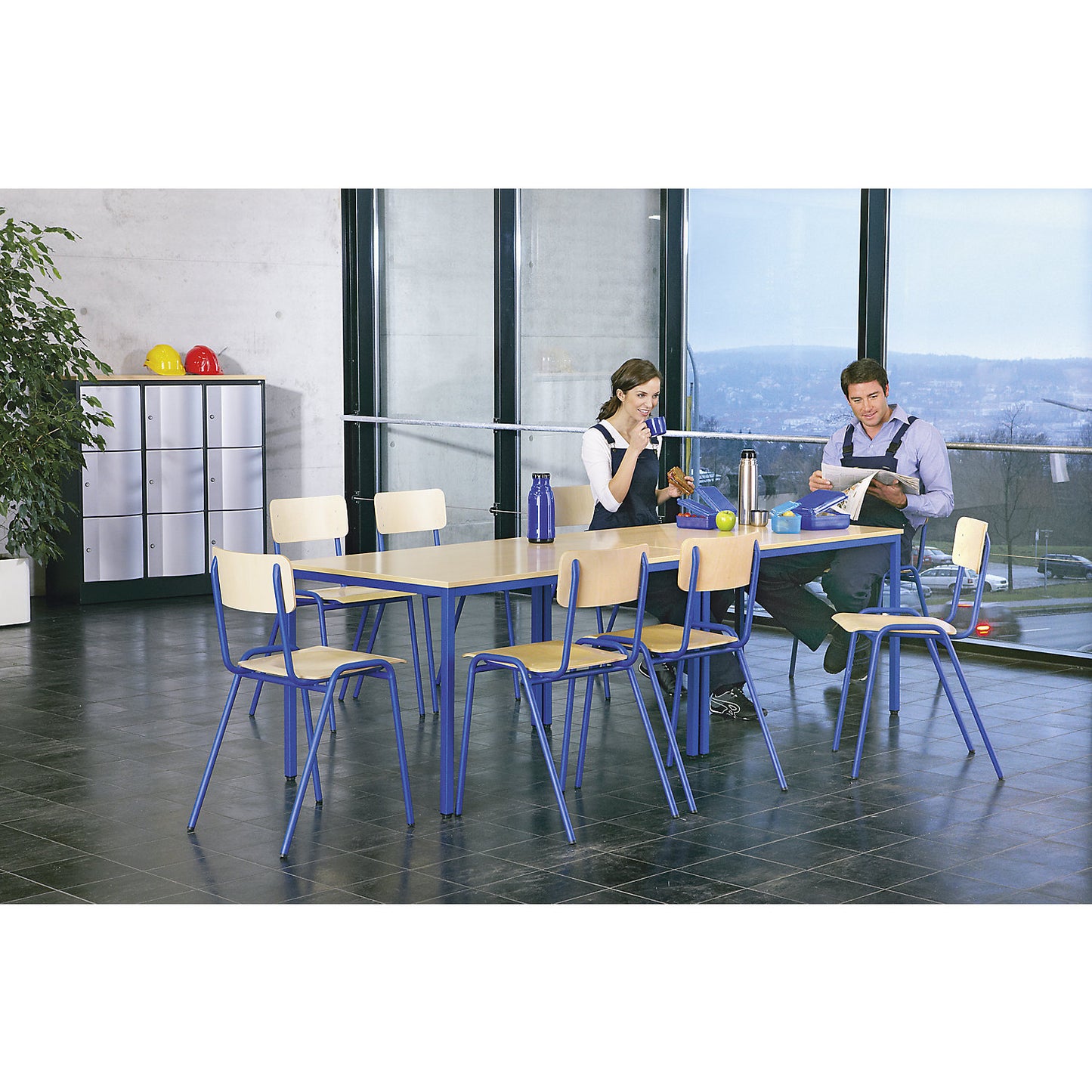 Multi-purpose table, HxWxD 720 x 1600 x 800 mm, top in beech finish, gentian blue frame.