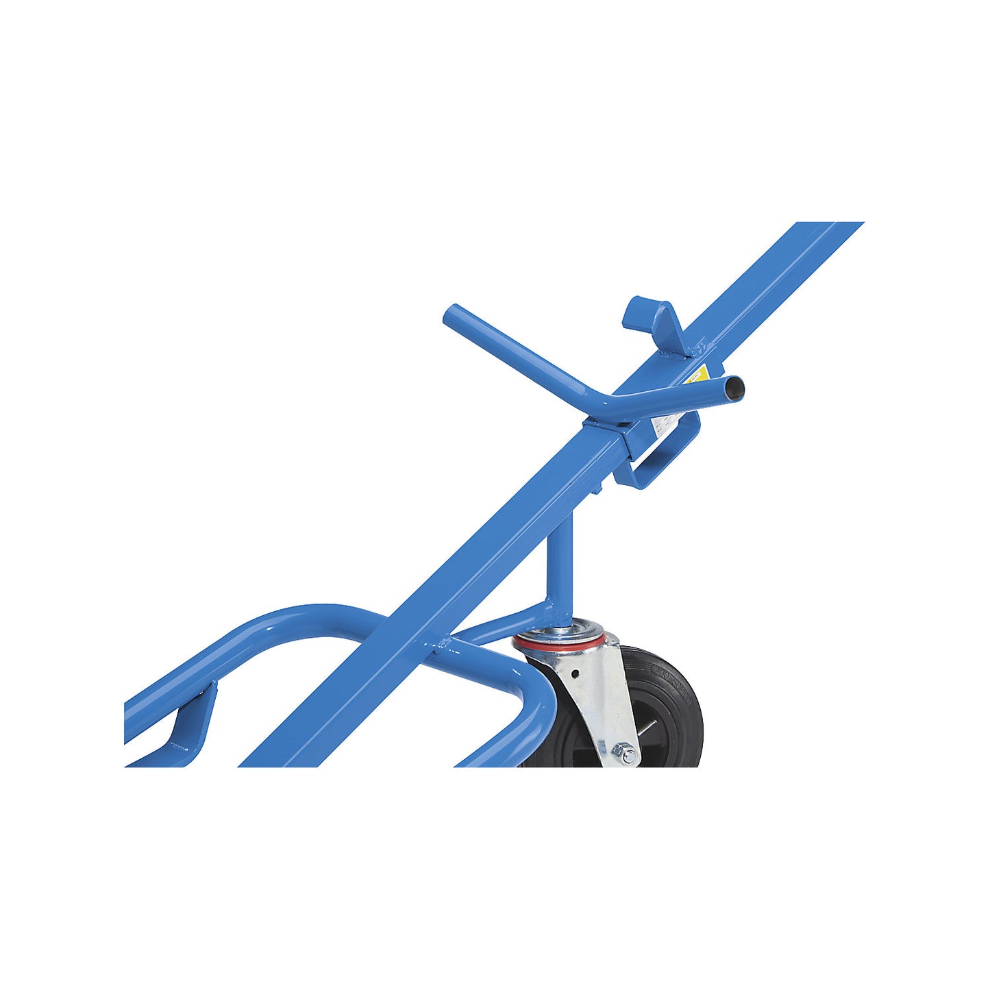 Drum truck for steel drums, max. load 400 kg, with solid rubber support wheel, pneumatic axle wheels.