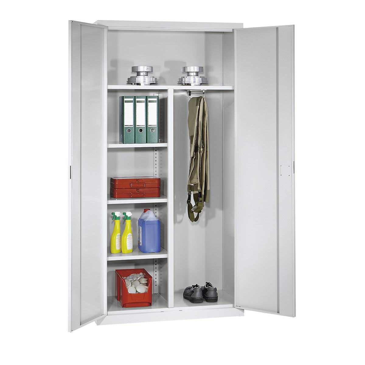 Cleaning cupboard, 1 hat shelf, 3 shelves, 1 clothes rail, light grey.