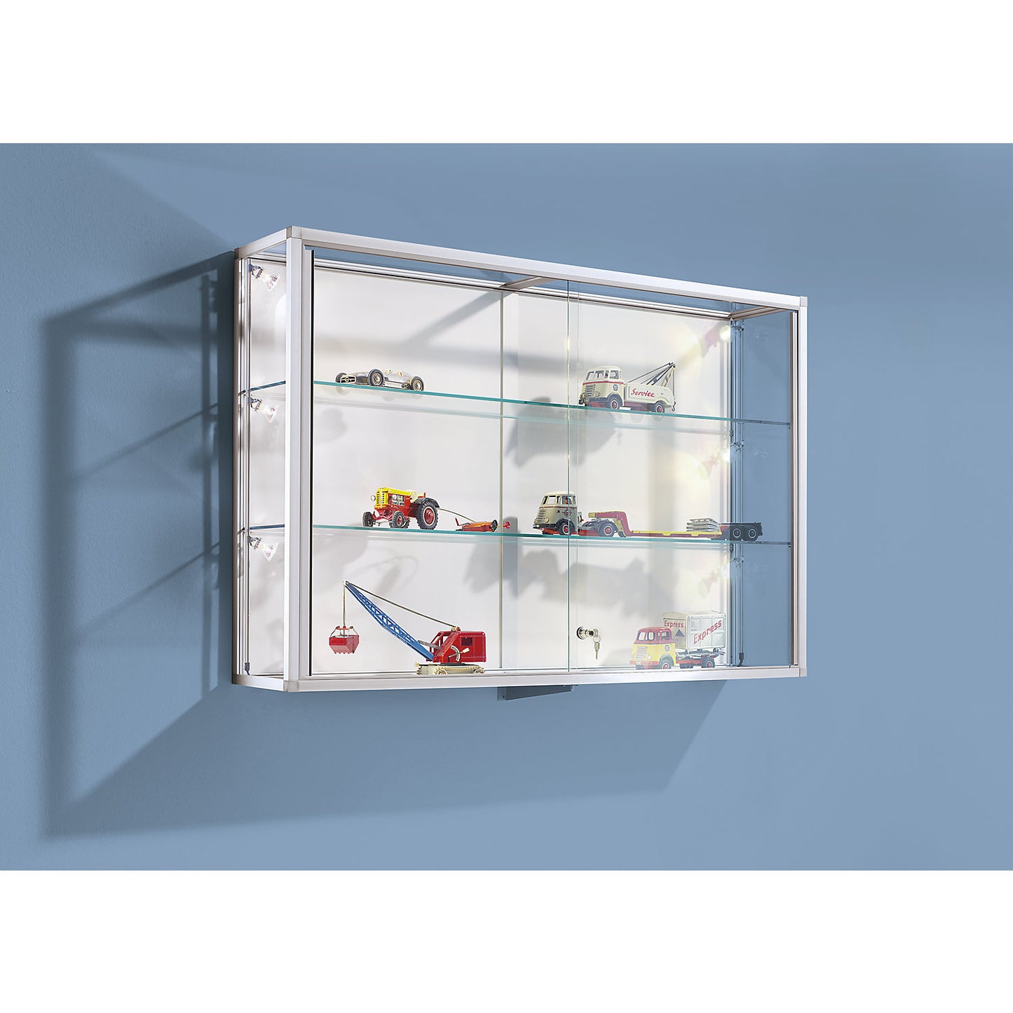 Wall mounted glass cabinet, aluminium frame, silver anodised, 2 glass shelves, width 2020 mm.