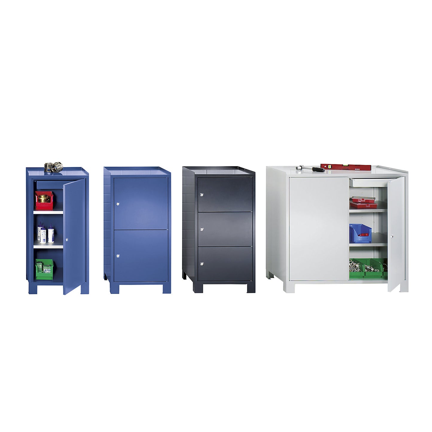 Tool cupboard with feet, HxWxD 1000 x 500 x 500 mm, 1 drawer, 2 shelves, charcoal RAL 7016.