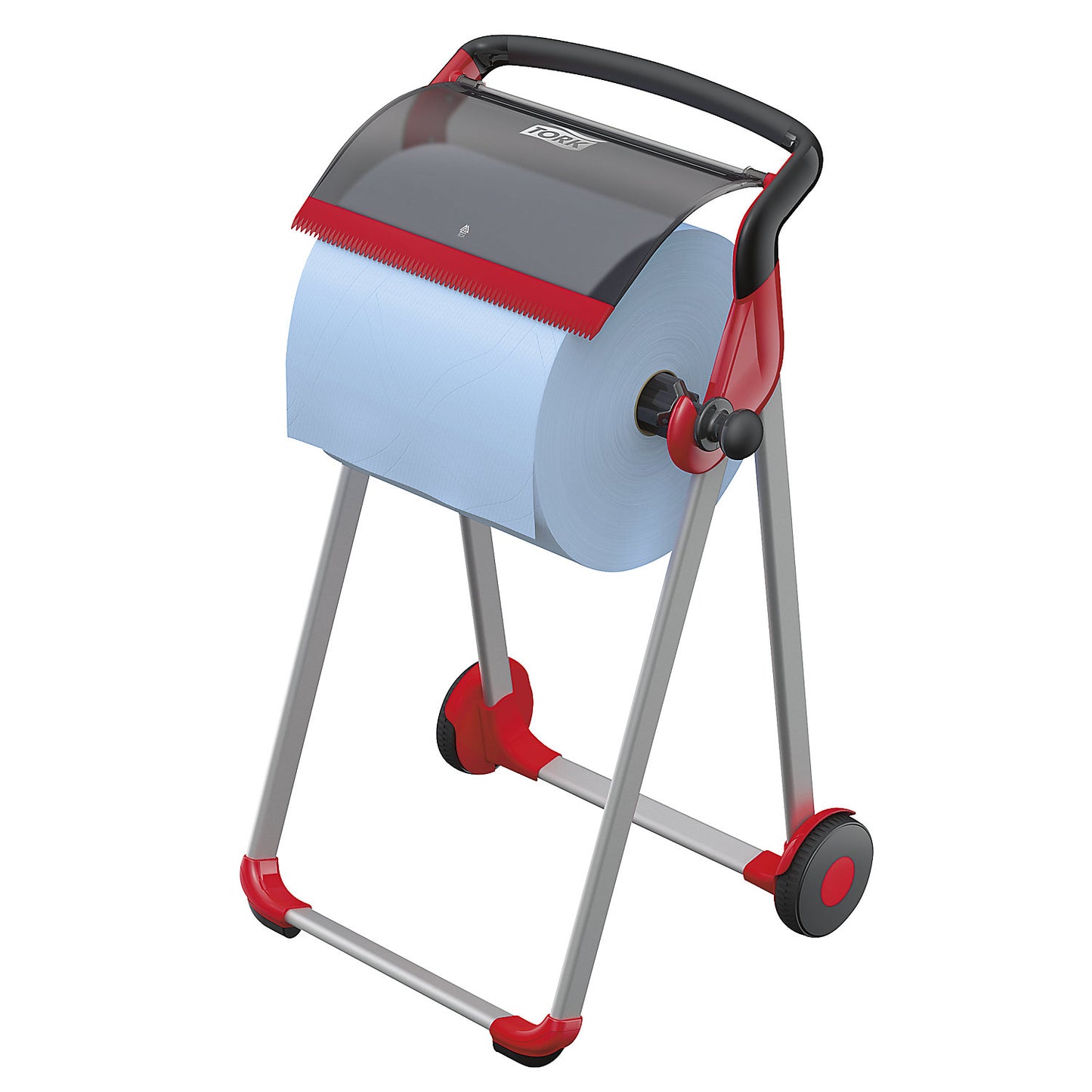 Industrial cleaning paper dispenser, floor stand with tear-off rail, black / red.