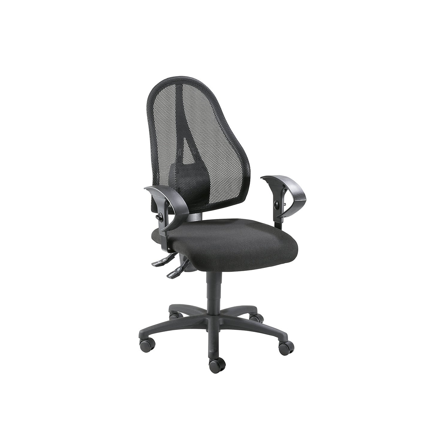 OPEN POINT P office swivel chair, mesh back rest in black, without arm rests, black seat cover.