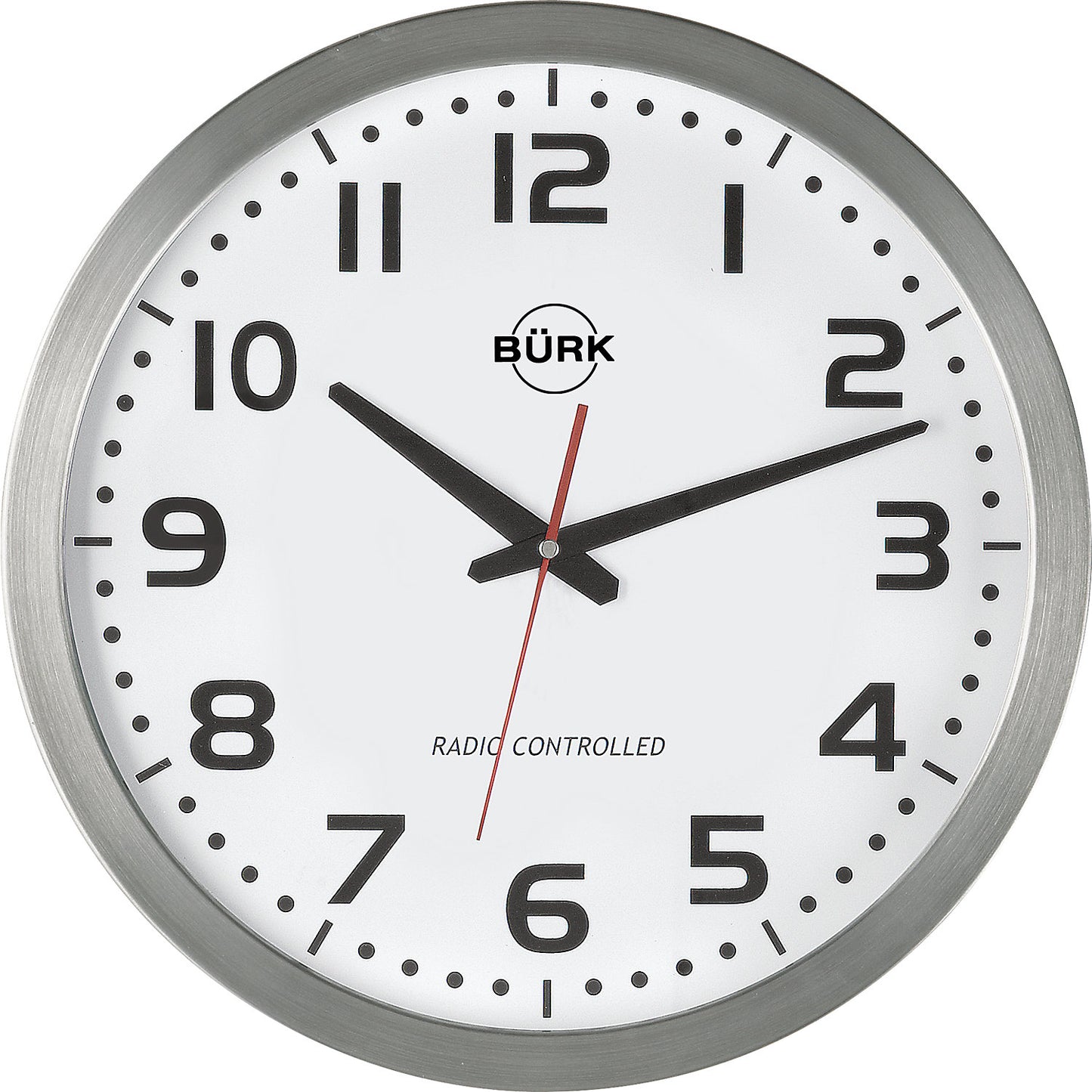 Wall clock, Ø 400 mm, brushed stainless steel housing, radio synchronised clock.