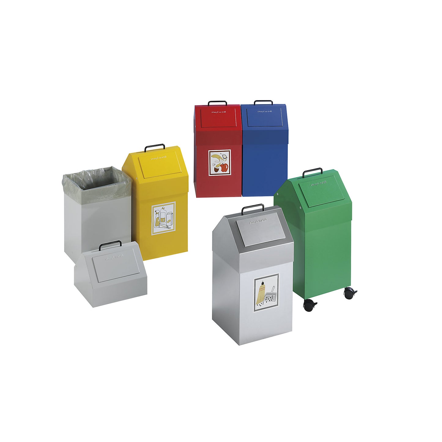 Recyclable waste collector with flap, capacity 45 l, WxHxD 320 x 710 x 310 mm, mobile, blue RAL 5010.