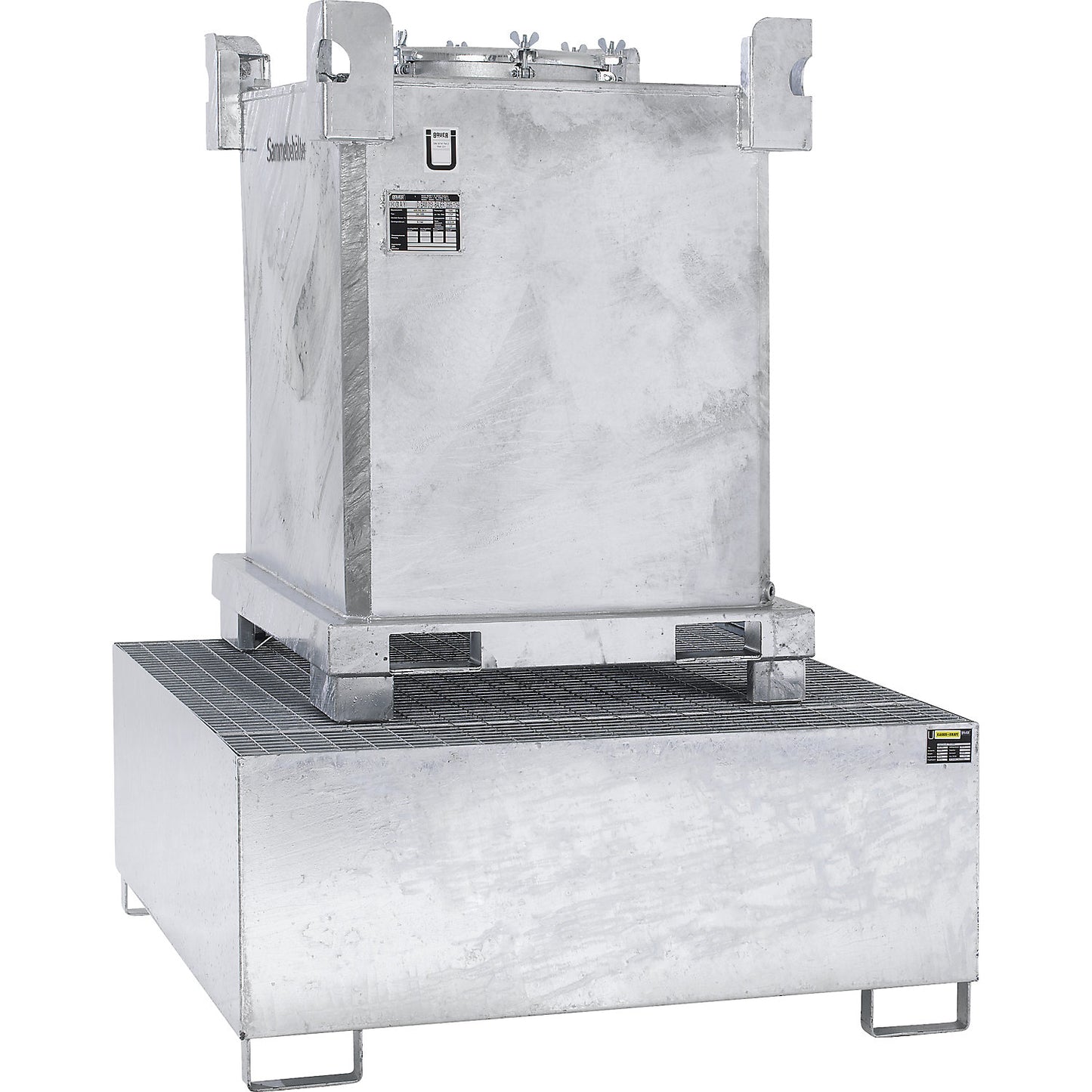 Steel sump tray for IBC/CTC tank containers, LxWxH 1460 x 1460 x 630 mm, sump capacity 1000 l, hot dip galvanised.