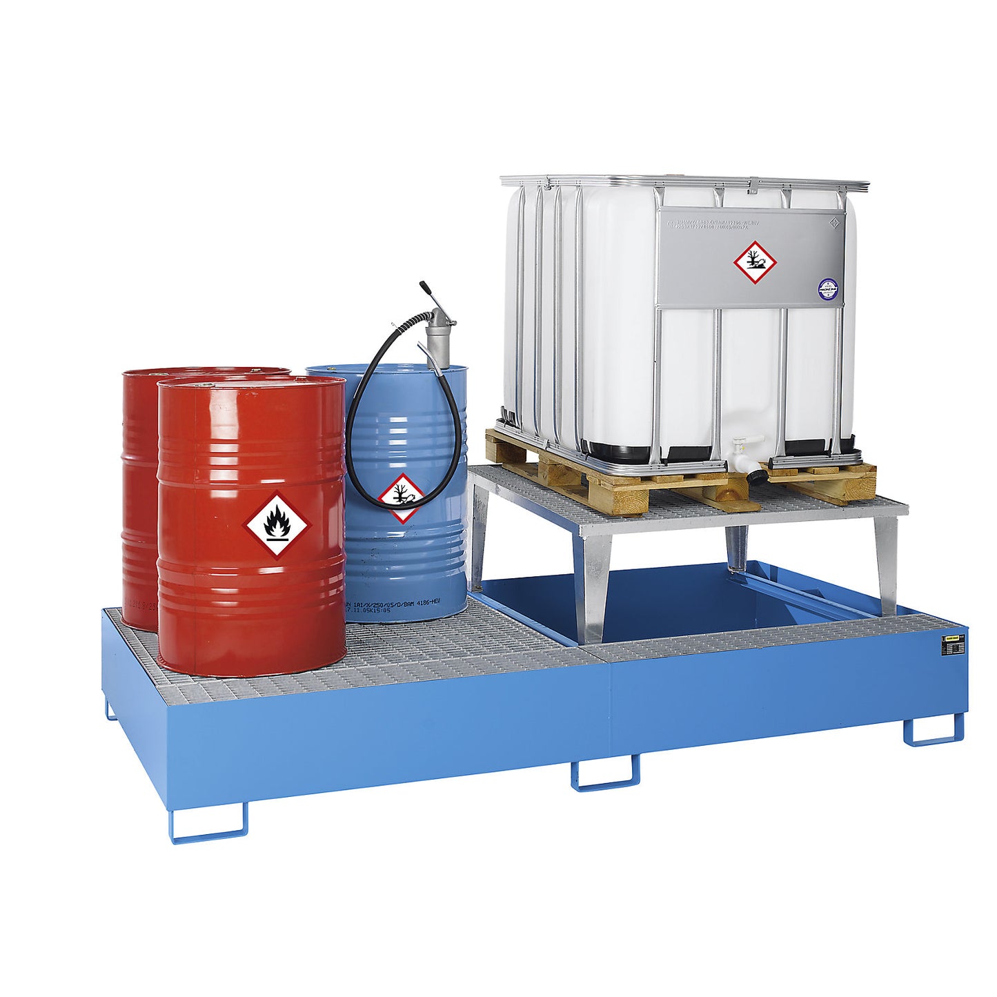 Steel sump tray for IBC/CTC tank containers, LxWxH 2650 x 1460 x 865 mm, with 1 filling attachment, sump capacity 1000 l, painted, blue RAL 5012.