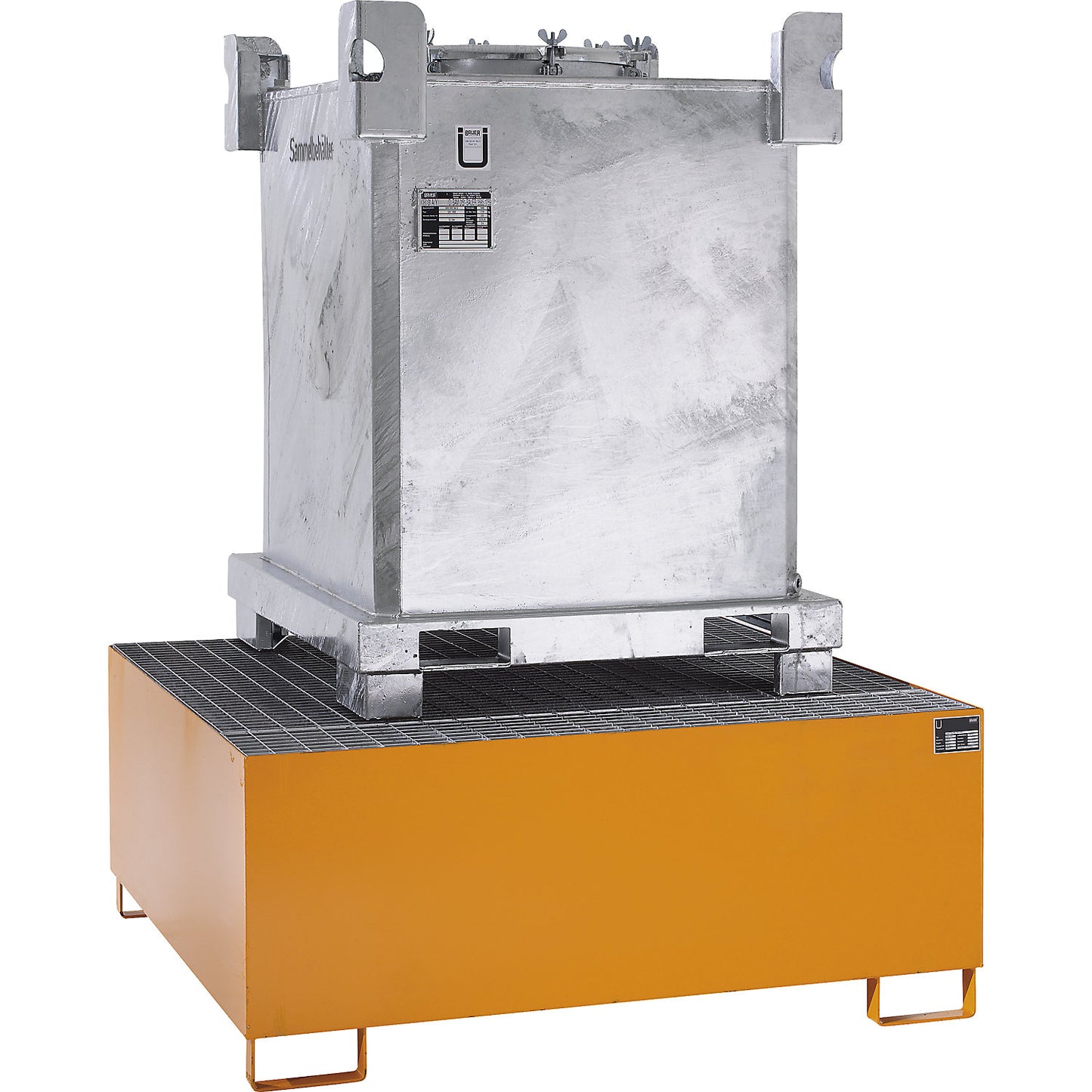 Steel sump tray for IBC/CTC tank containers, LxWxH 1460 x 1460 x 630 mm, sump capacity 1000 l, painted, orange RAL 2000.