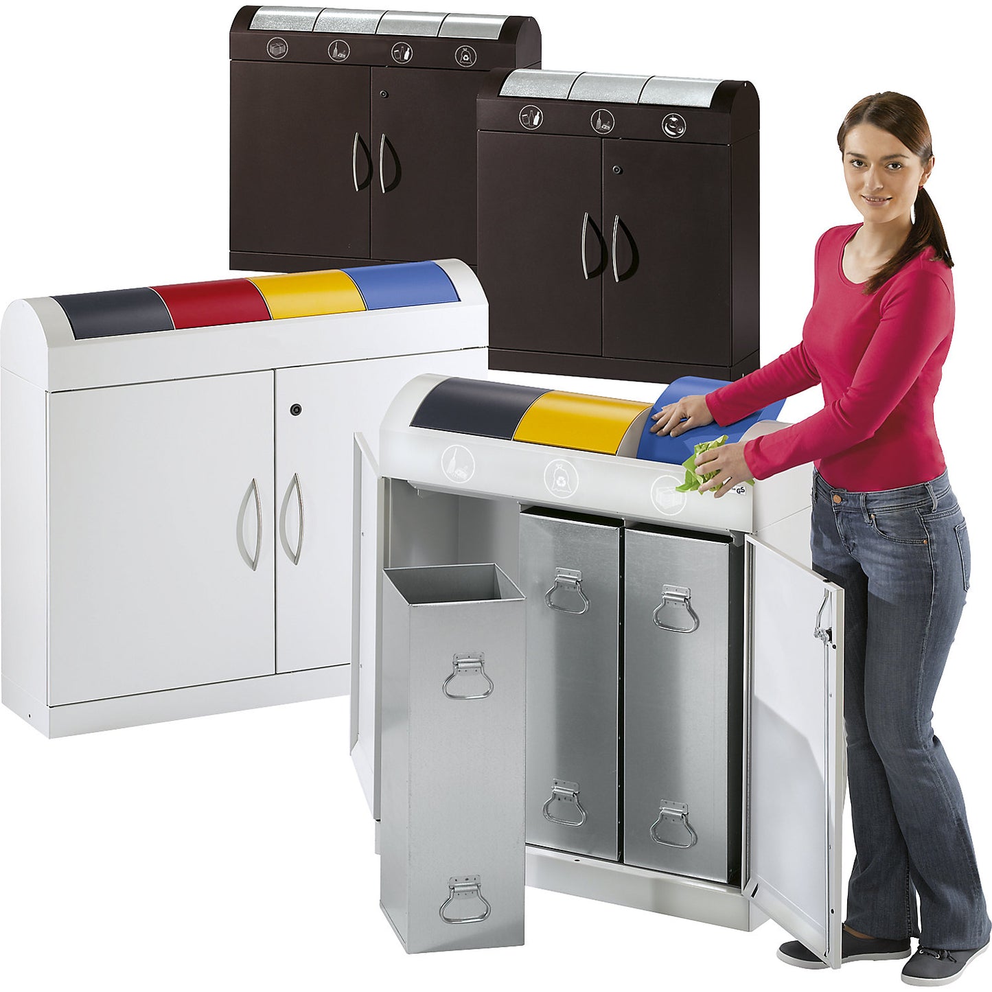 Aspect plus recyclable waste collector, with stainless steel hinged lids, 3 x 45 l, HxWxD 975 x 860 x 320 mm.