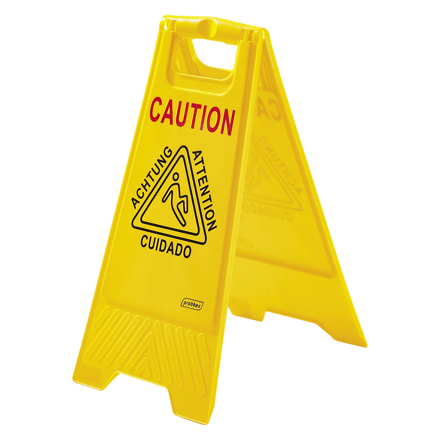 Stand up warning sign, multilingual, height 600 mm, pack of 2, yellow.