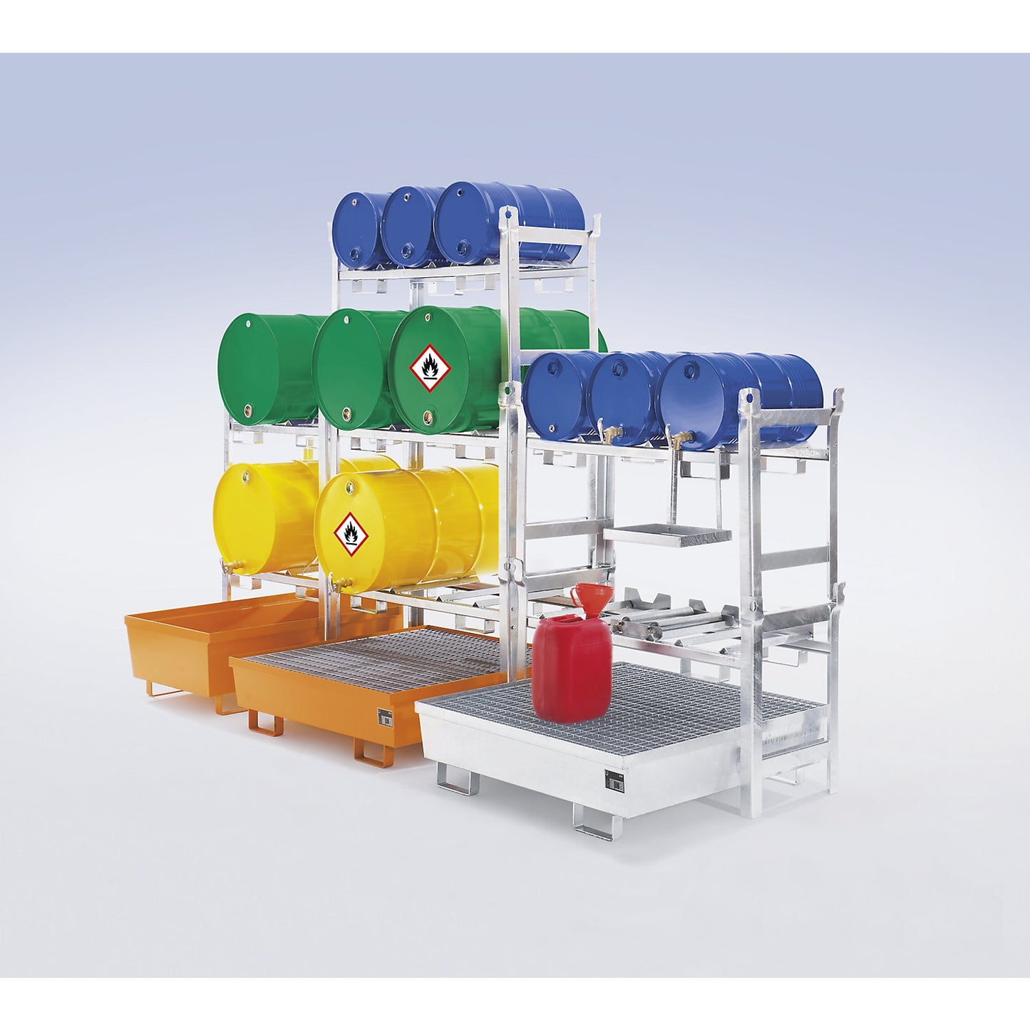 Stacking frame for drum shelving, for 2 x 200 l drums, zinc plated, WxDxH 1380 x 580 x 850 mm.