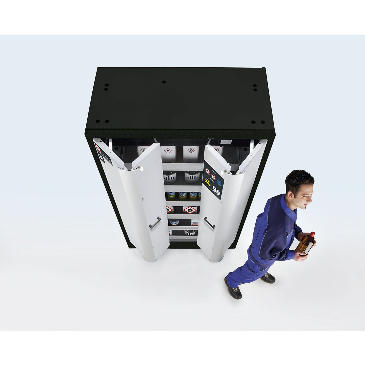 Fire resistant cupboard with folding doors for hazardous goods type 90, semi-automatic, with 6 drawers, gold yellow.