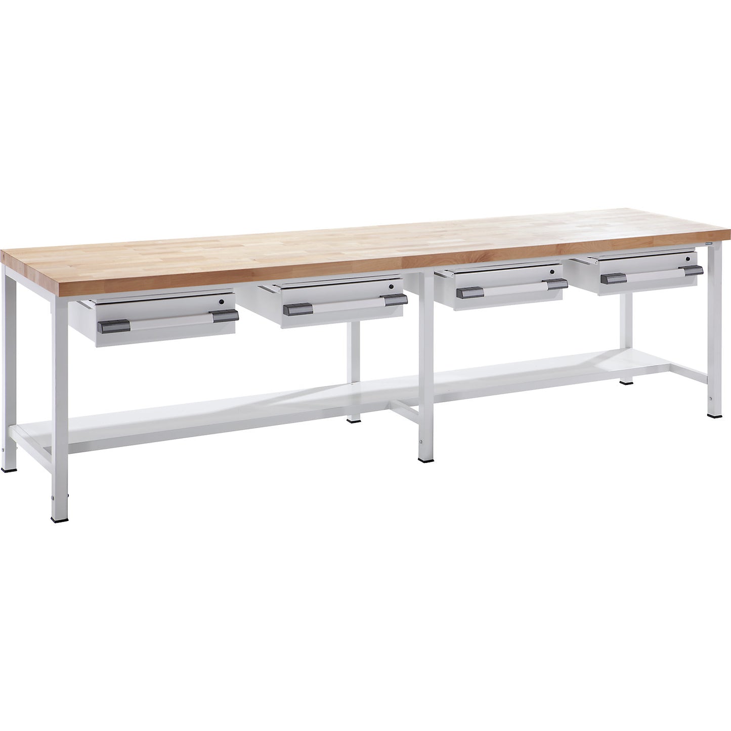 Height-adjustable workbench, frame construction, with drawers, width 3000 mm, grey.
