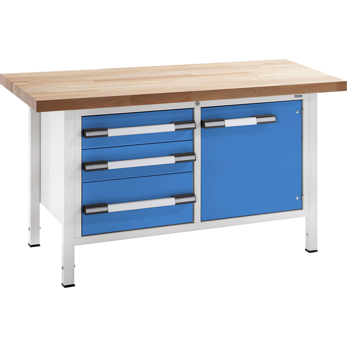Height-adjustable workbench, frame construction, width 1500 mm, 3 drawers, 1 door, grey / blue.