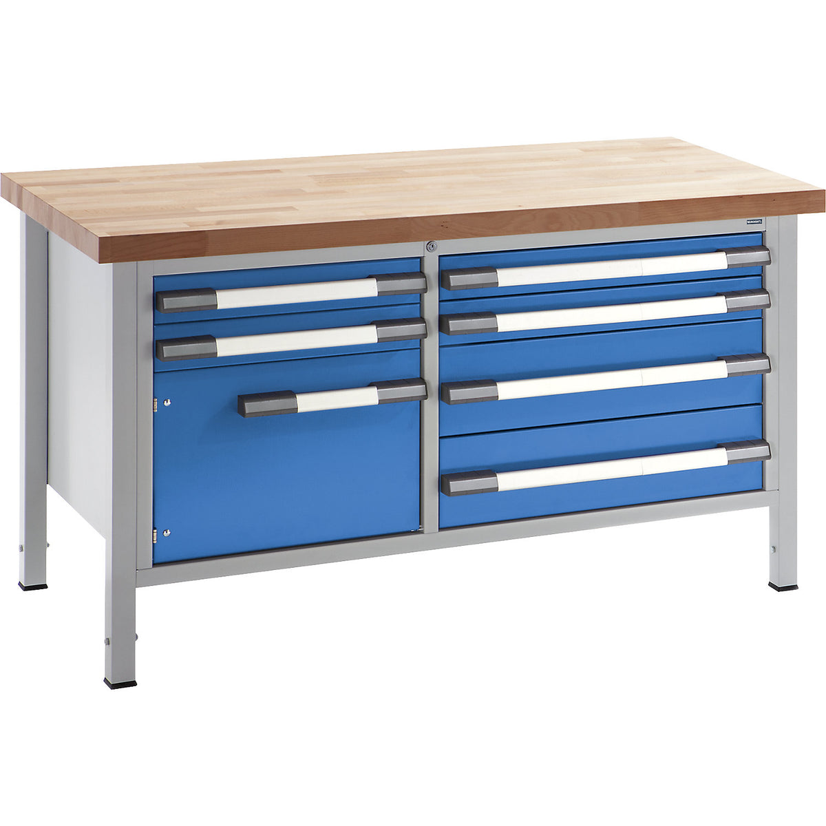 Height-adjustable workbench, frame construction, width 1500 mm, 6 drawers, 1 door, grey / blue.