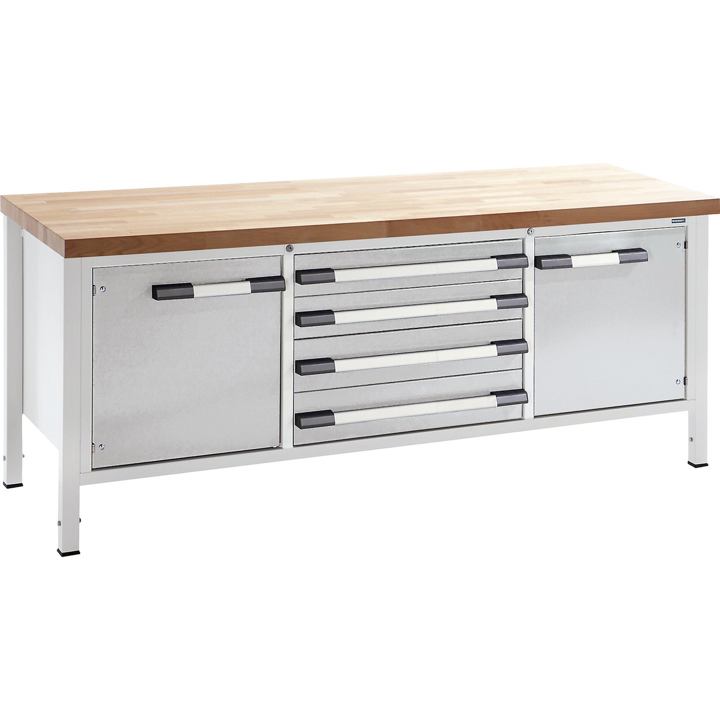 Height-adjustable workbench, frame construction, width 2000 mm, 4 drawers, 2 doors, grey.