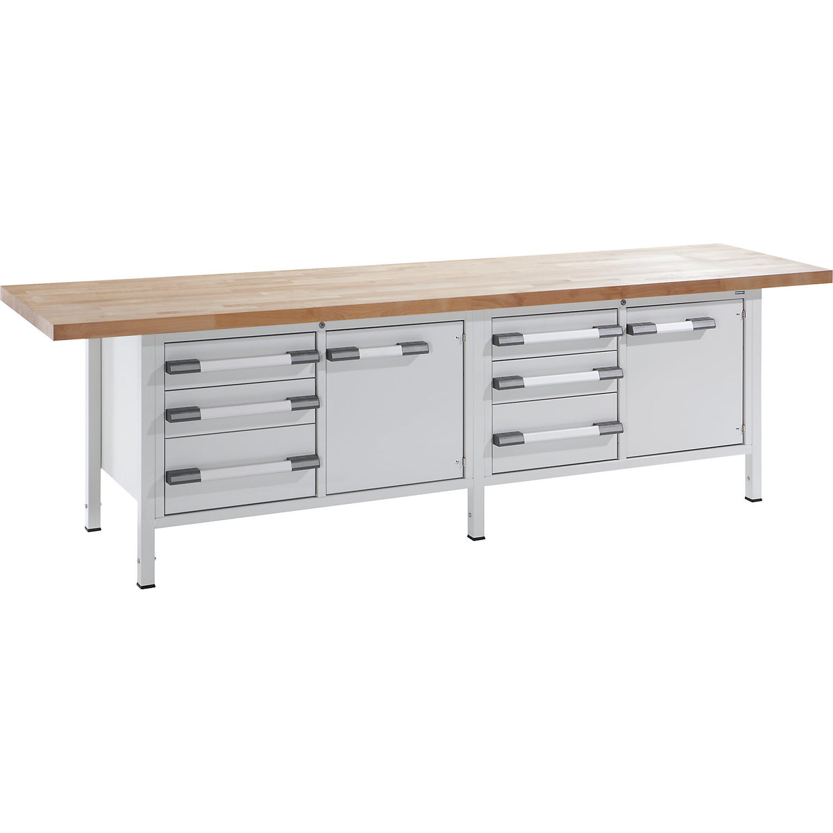 Height-adjustable workbench, frame construction, width 3000 mm, 6 drawers, 2 doors, grey.