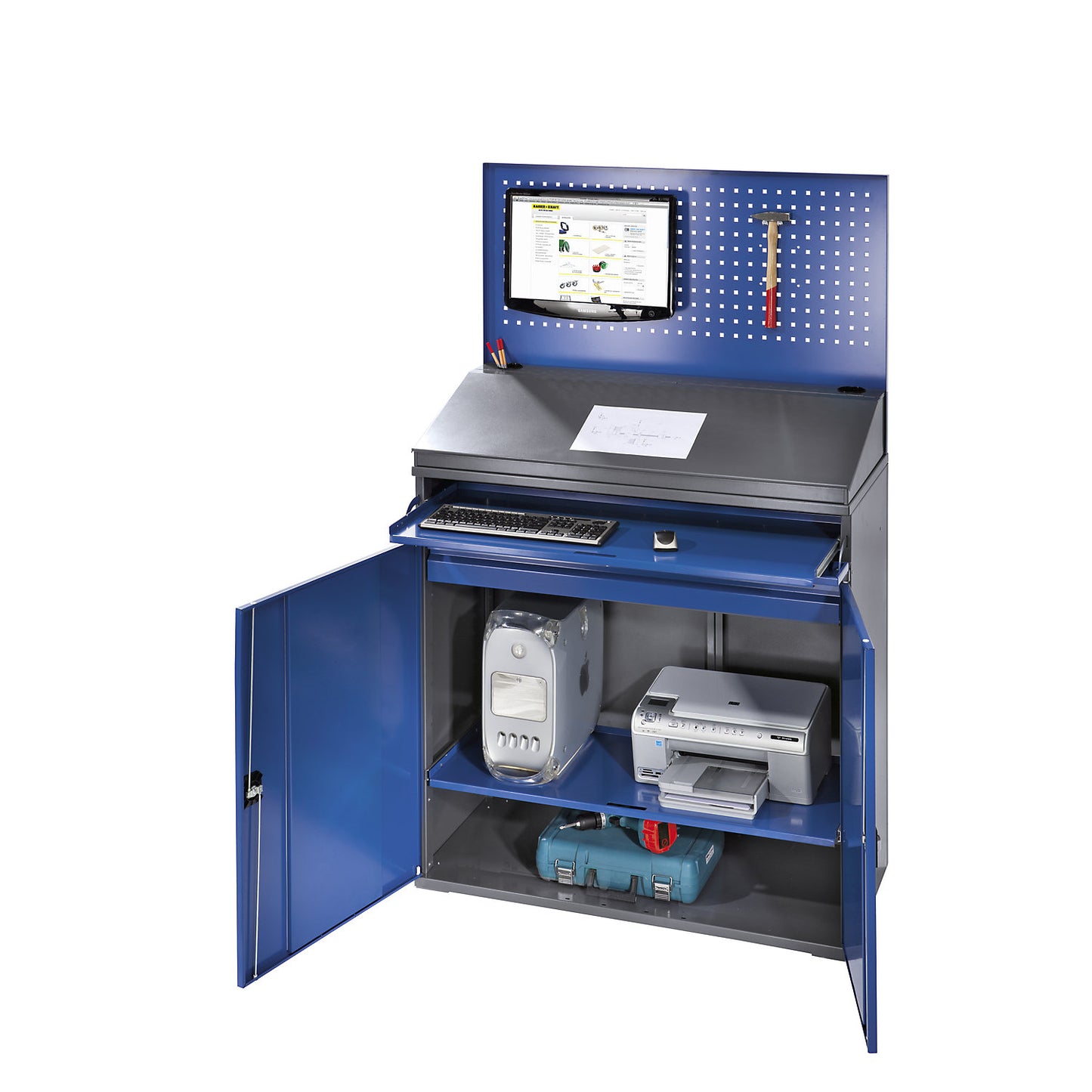 Computer workstation, perforated panel, desktop, pull-out shelf, drawer, width 1100 mm, charcoal / gentian blue.
