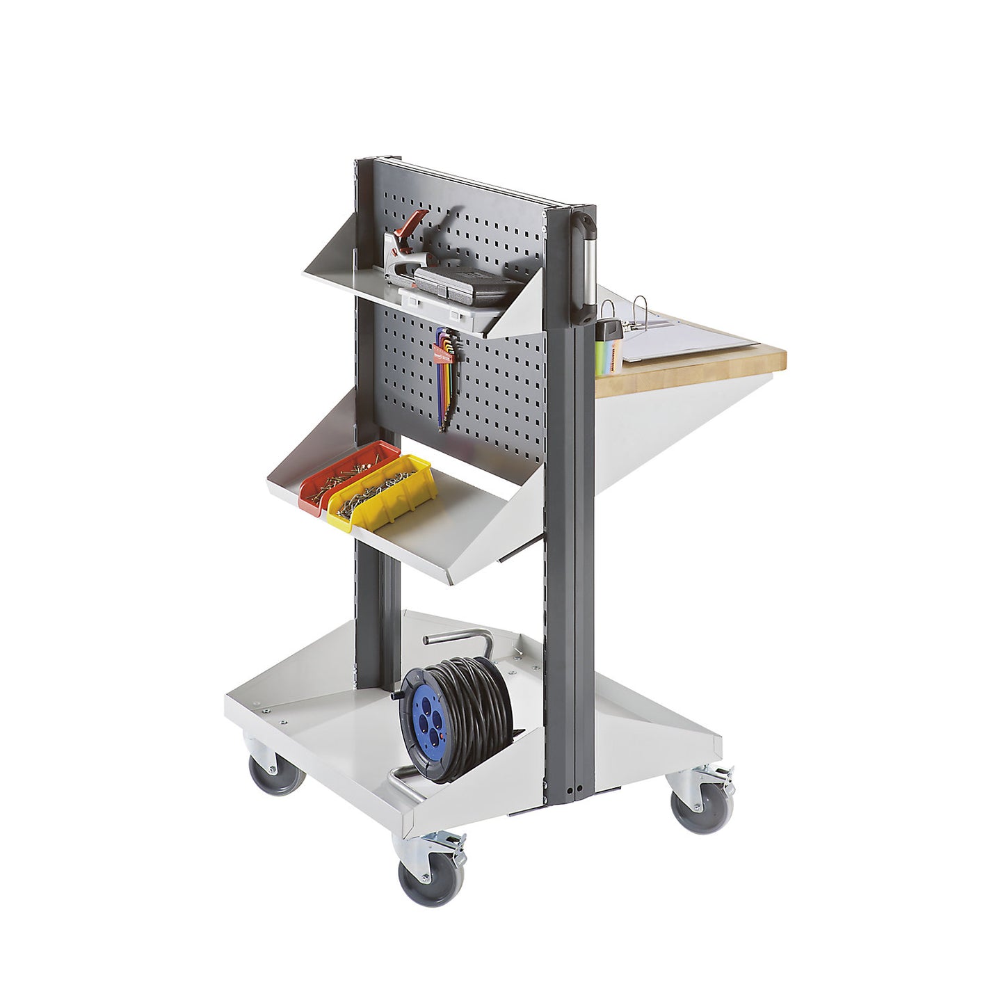 Tool and assembly trolley, mobile, 3 storage shelves, 2 tray shelves, charcoal RAL 7016.