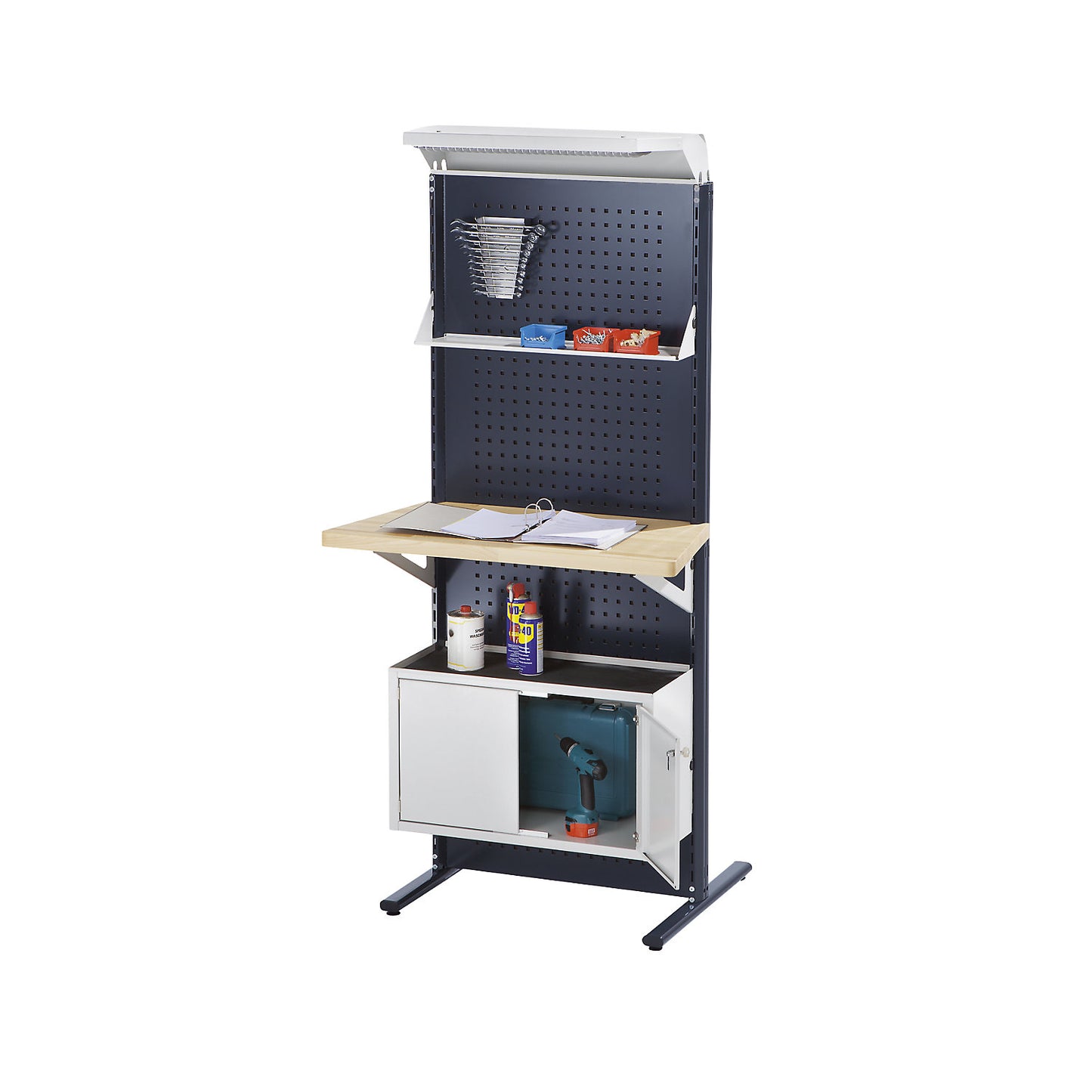 Tool and assembly trolley, with double door cupboard, charcoal RAL 7016.
