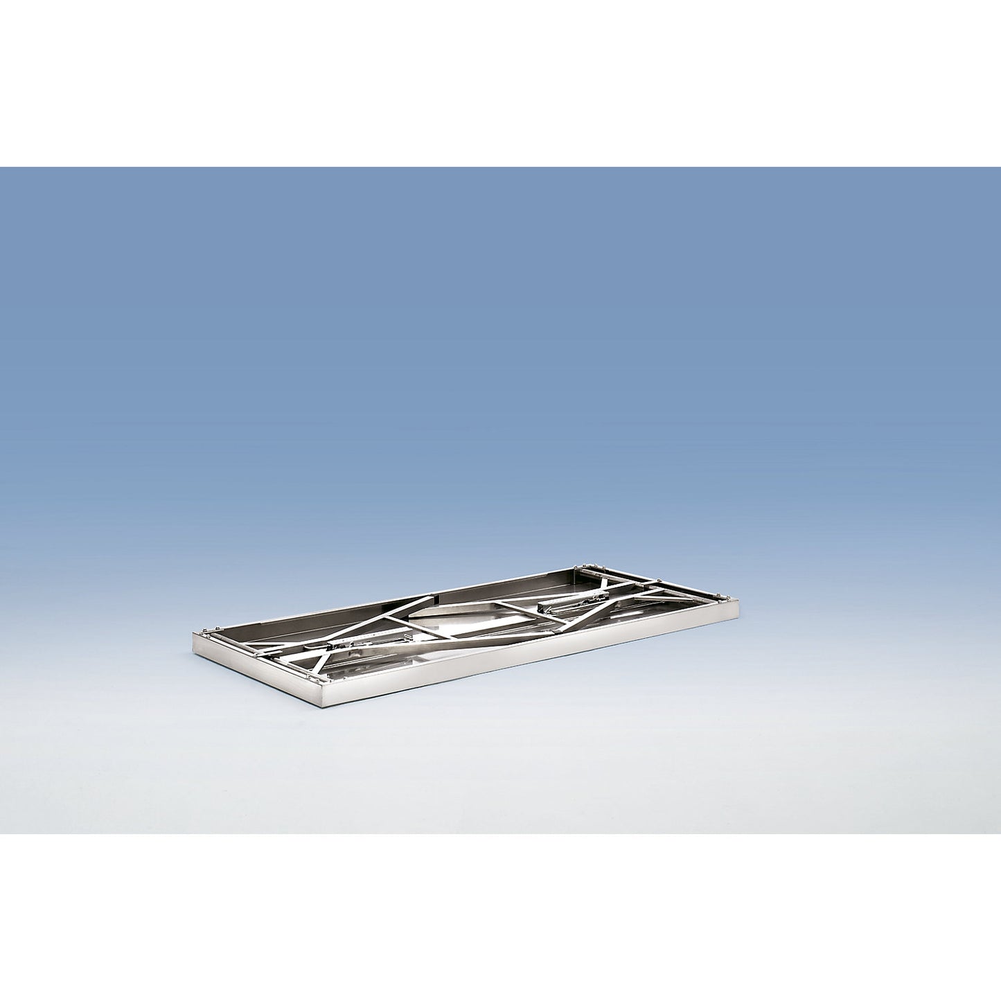 Stainless steel folding table, height 850 mm, WxD 1400 x 700 mm.