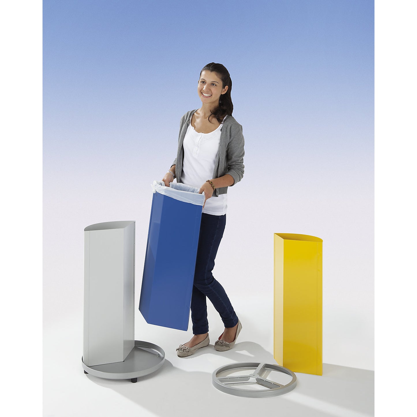 Recyclable waste collector, round, capacity 3 x 30 l, HxØ 720 x 420 mm, yellow, blue, red.