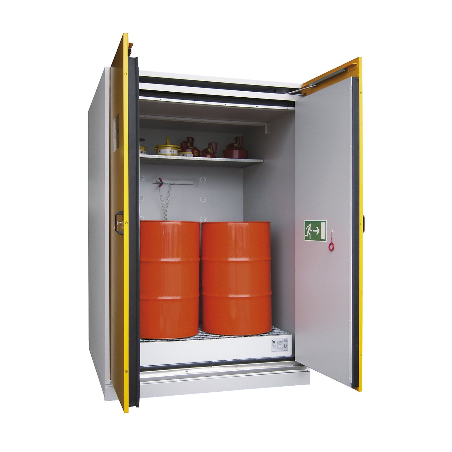 Type 90 drum cupboard, fire resistant, 4 x 200 l drums, upright, HxWxD 2315 x 1550 x 1430 mm.